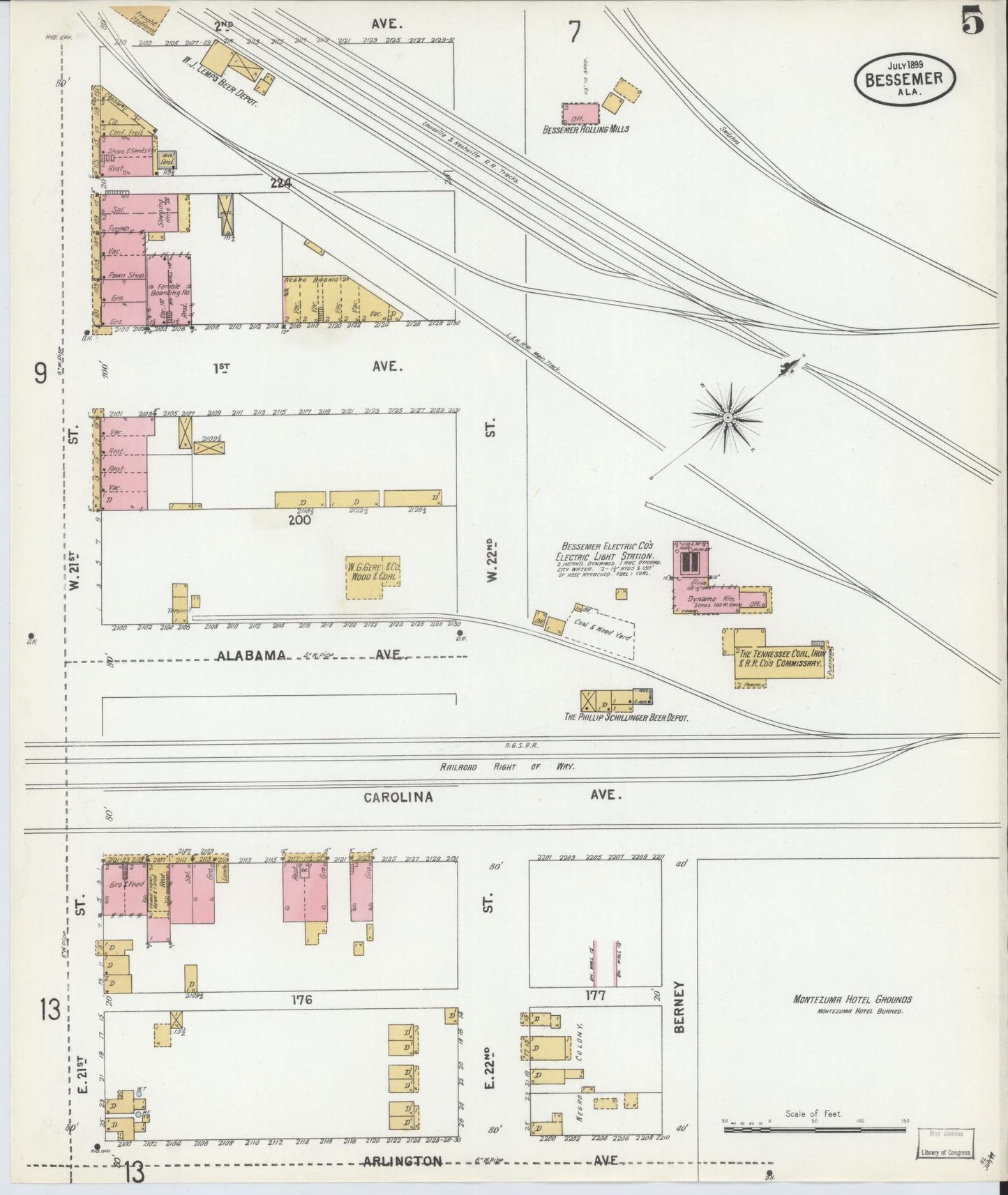Sanborn Fire Insurance Map from Bessemer, Jefferson County, Alabama (1899), Sheet #0005 - Historic Sanborn Fire Insurance Map Print, vintage old map wall art, antique decor, genealogy gift, Alabama Alabama map