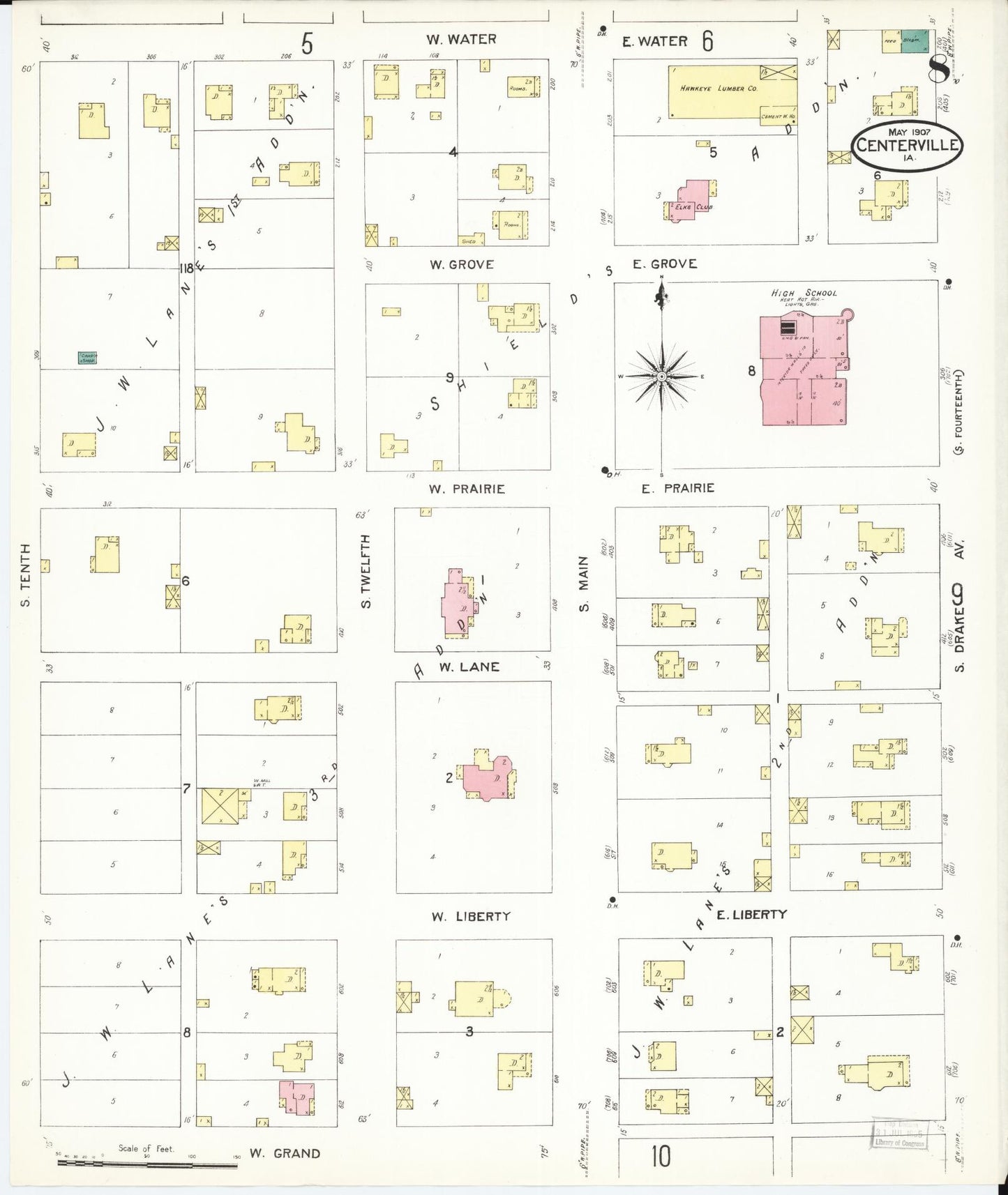 Sanborn Fire Insurance Map from Centerville, Appanoose County, Iowa (1907), Sheet #0008 - Historic Sanborn Fire Insurance Map Print, vintage old map wall art
