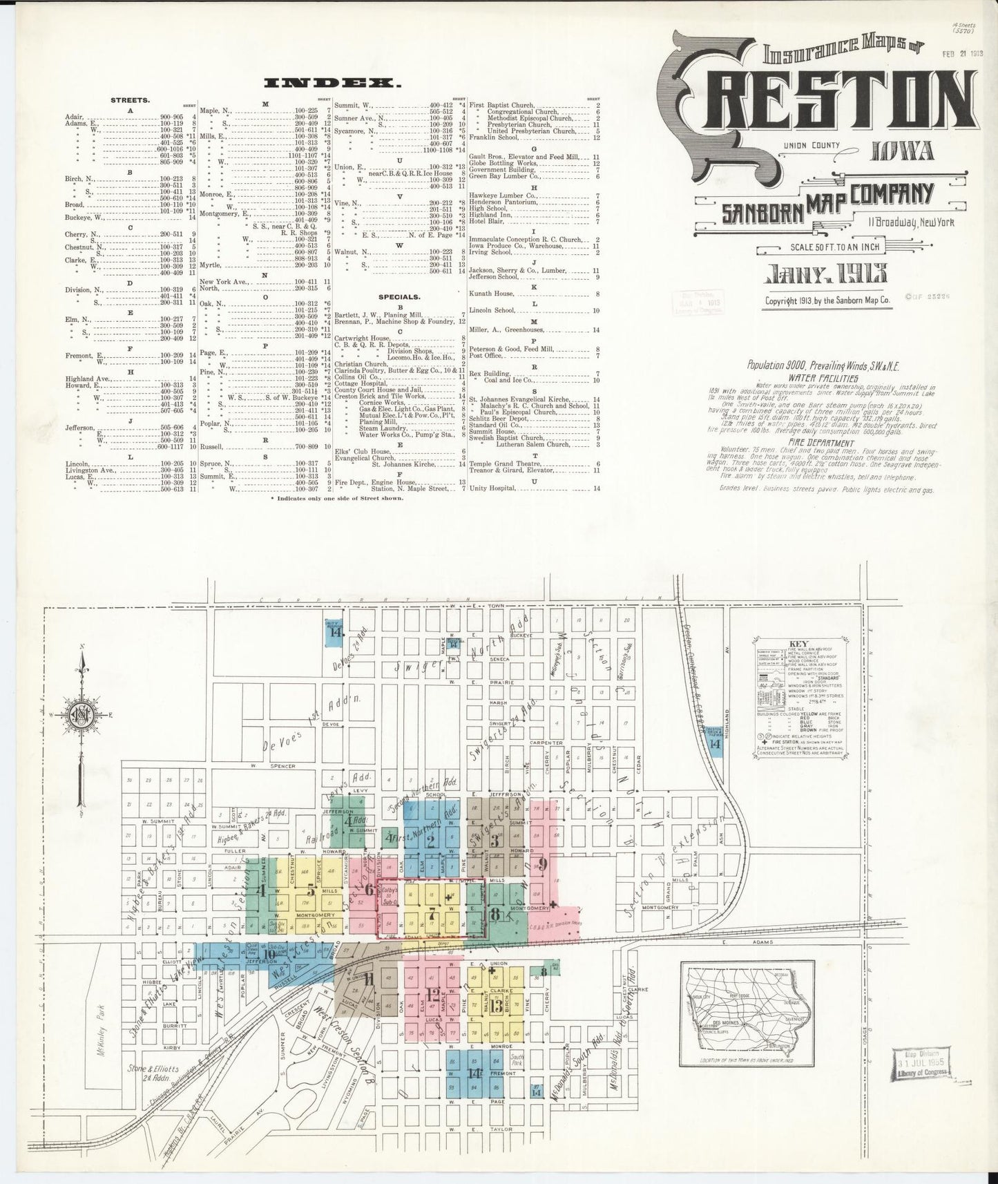 Sanborn Fire Insurance Map from Creston, Union County, Iowa (1913), Sheet #0001 - Historic Sanborn Fire Insurance Map Print, vintage old map wall art