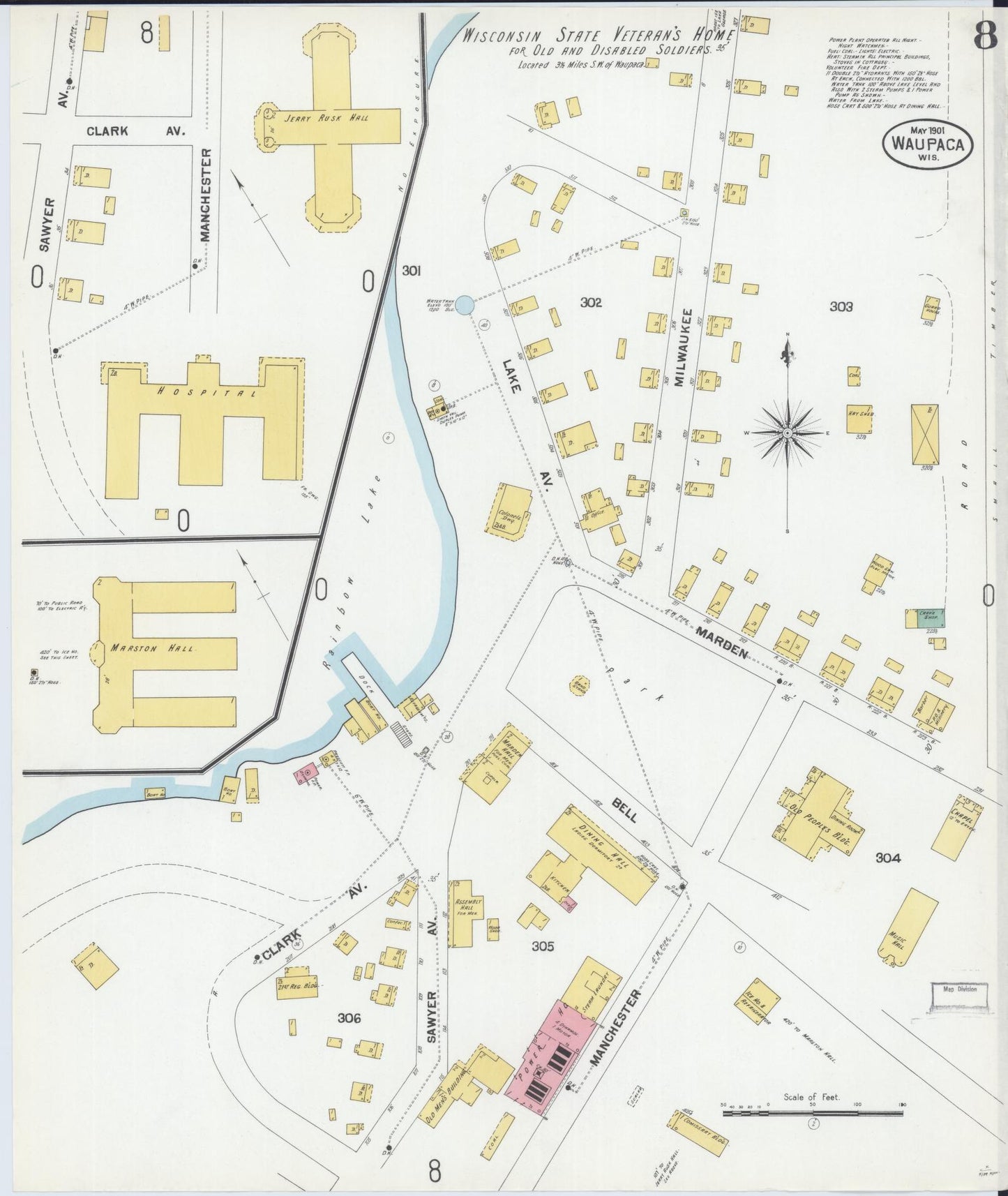 Sanborn Fire Insurance Map from Waupaca, Waupaca County, Wisconsin (1901), Sheet #0008 - Historic Sanborn Fire Insurance Map Print, vintage old map wall art, antique decor, genealogy gift, Wisconsin Wisconsin map