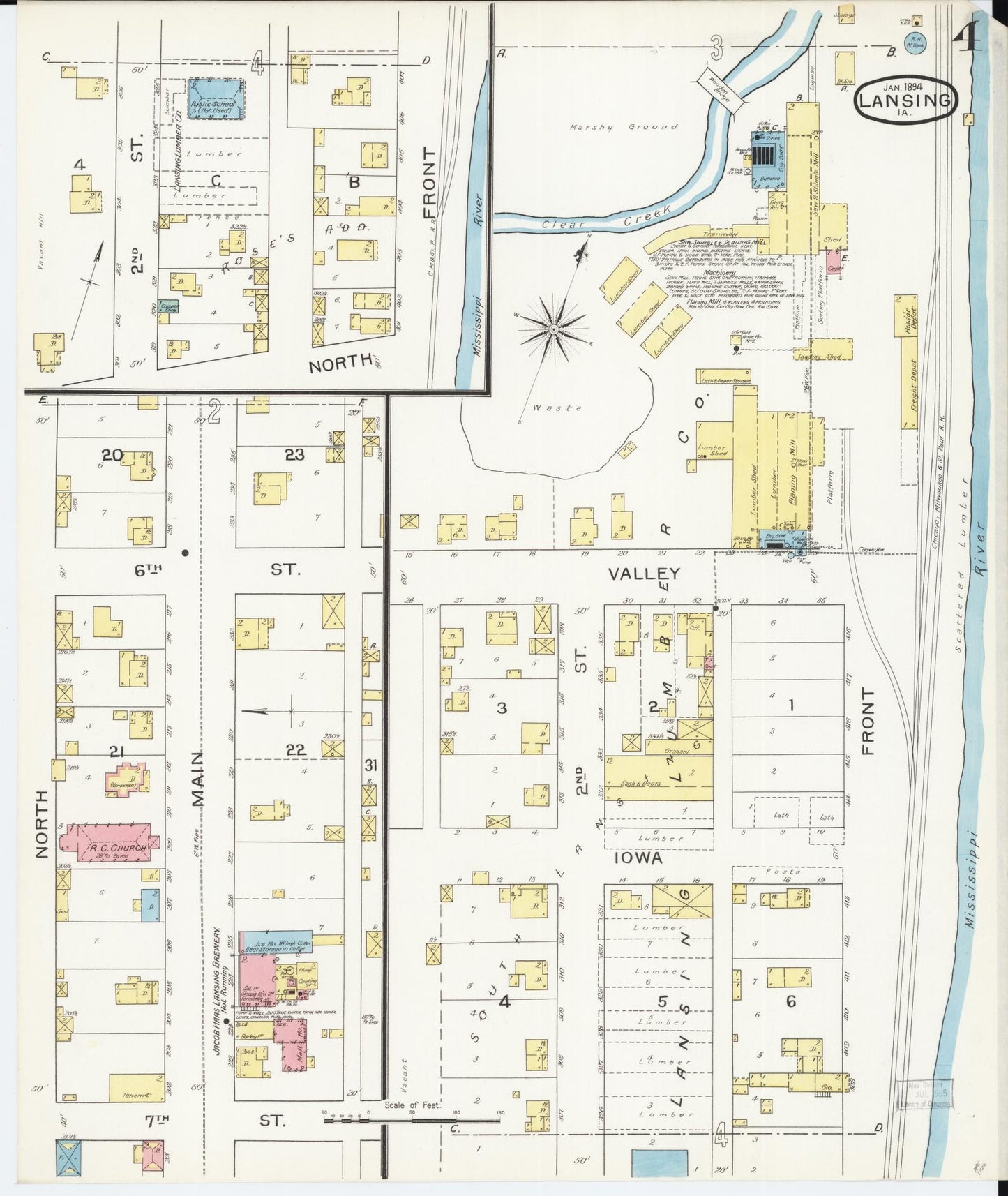 Sanborn Fire Insurance Map from Lansing, Allamakee County, Iowa (1894), Sheet #0004 - Historic Sanborn Fire Insurance Map Print, vintage old map wall art