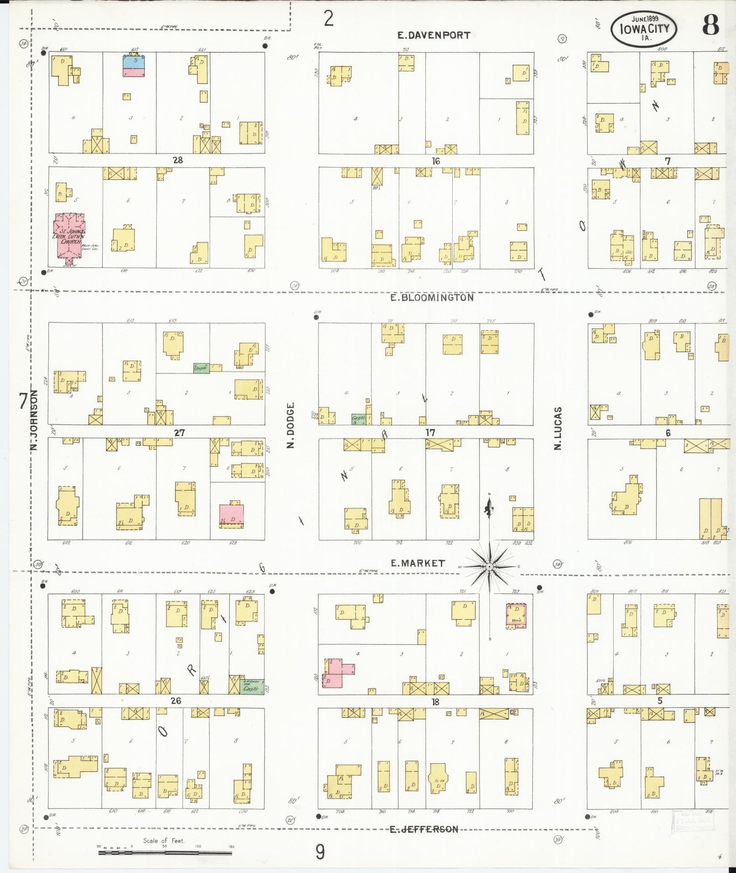 Sanborn Fire Insurance Map from Iowa City, Johnson County, Iowa (1899), Sheet #0008 - Historic Sanborn Fire Insurance Map Print, vintage old map wall art