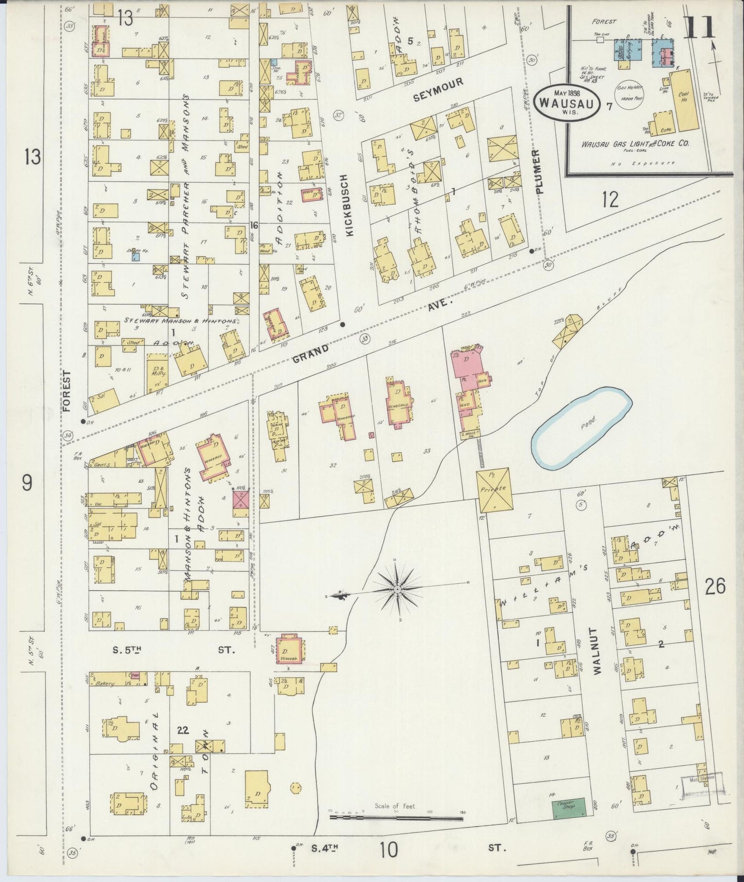 Sanborn Fire Insurance Map from Wausau, Marathon County, Wisconsin (1898), Sheet #0011 - Historic Sanborn Fire Insurance Map Print, vintage old map wall art, antique decor, genealogy gift, Wisconsin Wisconsin map