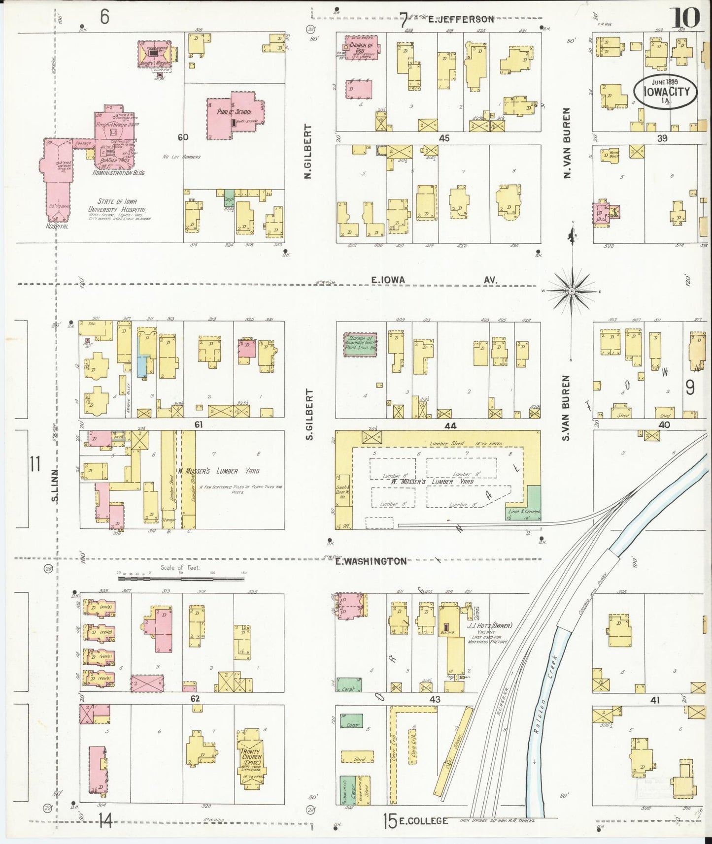 Sanborn Fire Insurance Map from Iowa City, Johnson County, Iowa (1899), Sheet #0010 - Historic Sanborn Fire Insurance Map Print, vintage old map wall art
