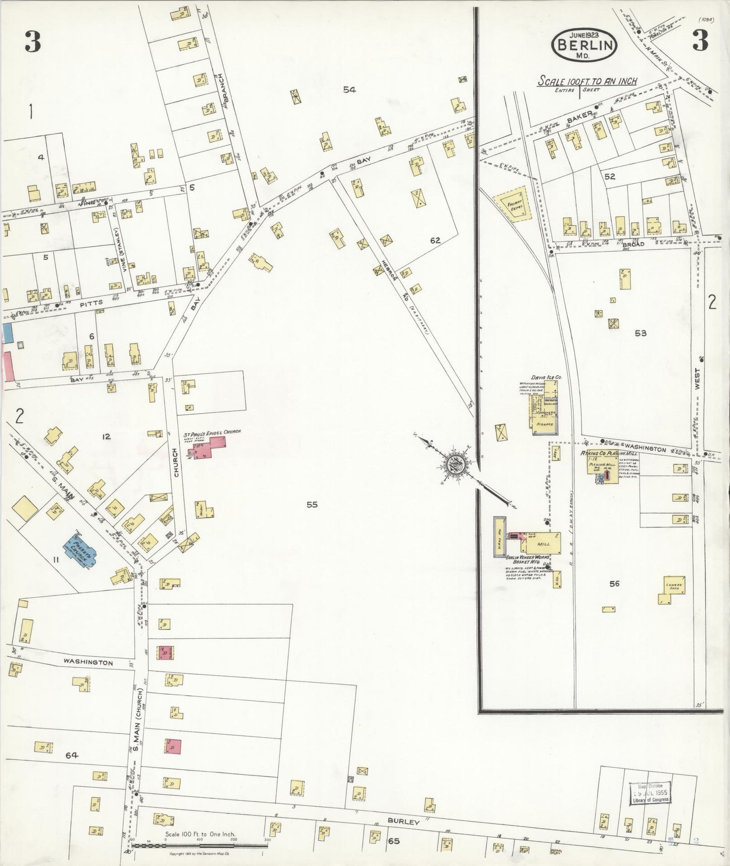 Worcester, Maryland - 1923 - Sanborn Fire Insurance Map, Sheet #0003 - Historic Sanborn Fire Insurance Map Print, Worcester Maryland 1923 0003 vintage old map wall art