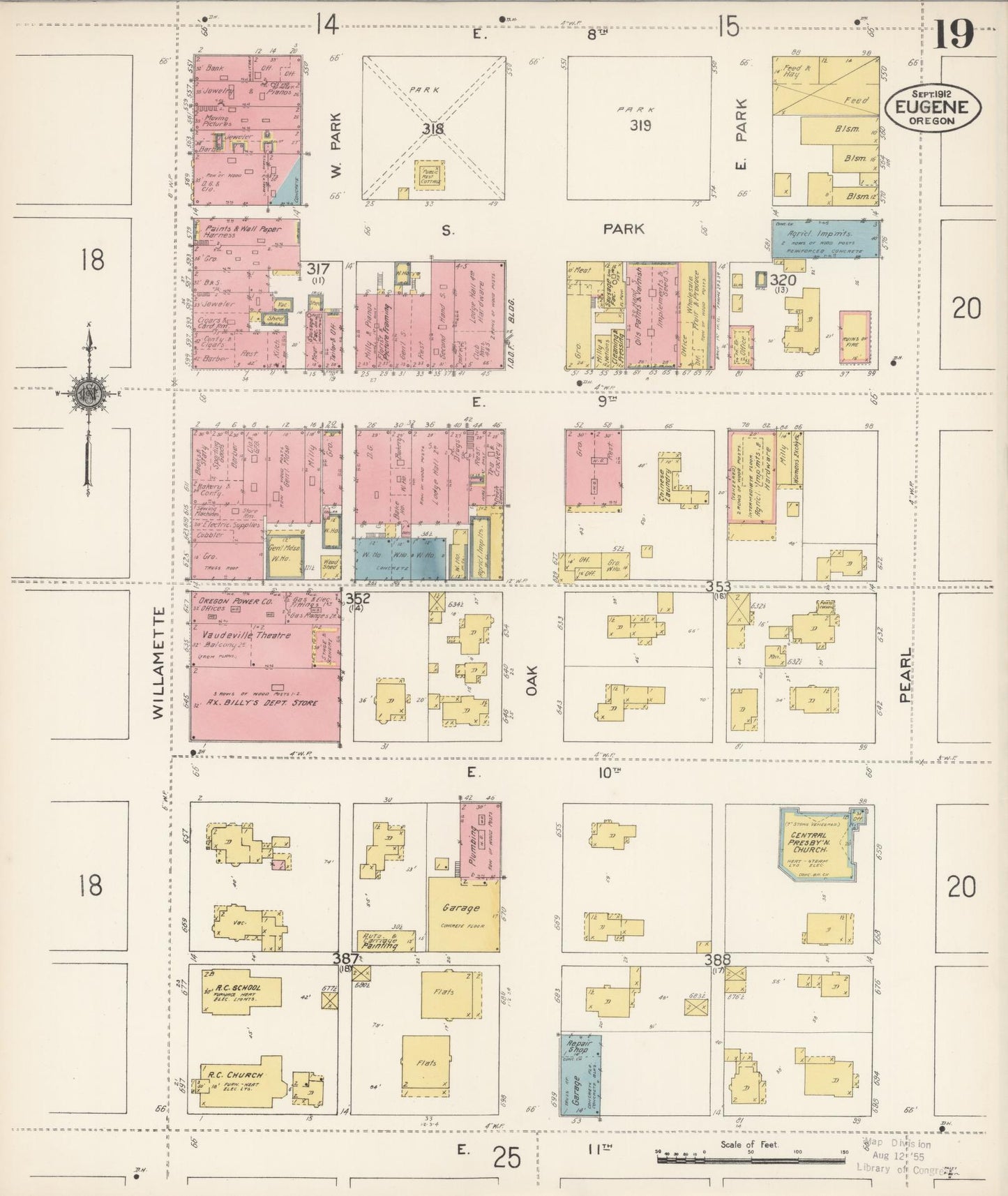 Sanborn Fire Insurance Map from Eugene, Lane County, Oregon (1912), Sheet #0019 - Historic Sanborn Fire Insurance Map Print, vintage old map wall art, antique decor, genealogy gift, Oregon Oregon map