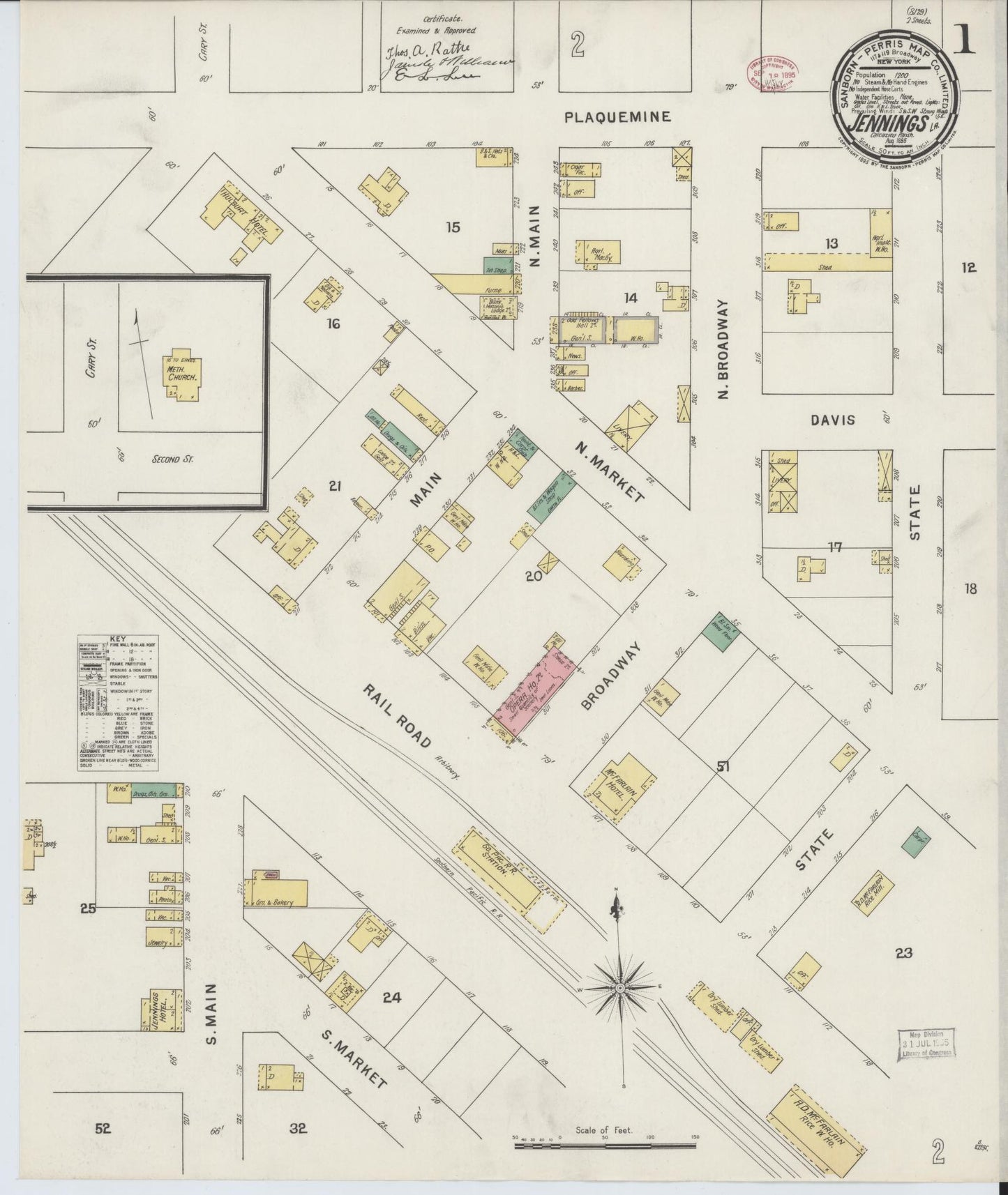 Sanborn Fire Insurance Map from Jennings, Jefferson Davis Parish, Louisiana (1895), Sheet #0001 - Historic Sanborn Fire Insurance Map Print, vintage old map wall art, antique decor, genealogy gift, Louisiana Louisiana map