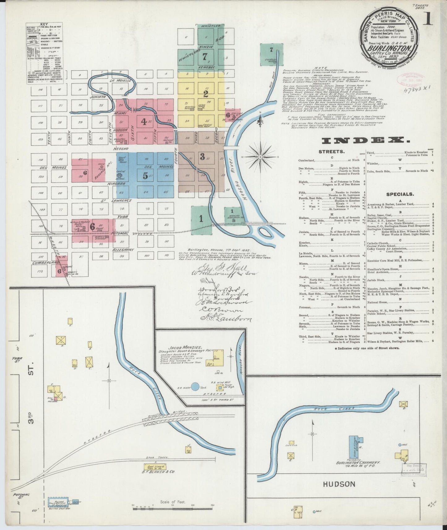 Sanborn Fire Insurance Map from Burlington, Coffey County, Kansas (1892), Sheet #0001 - Historic Sanborn Fire Insurance Map Print, vintage old map wall art, antique decor, genealogy gift, Kansas Kansas map