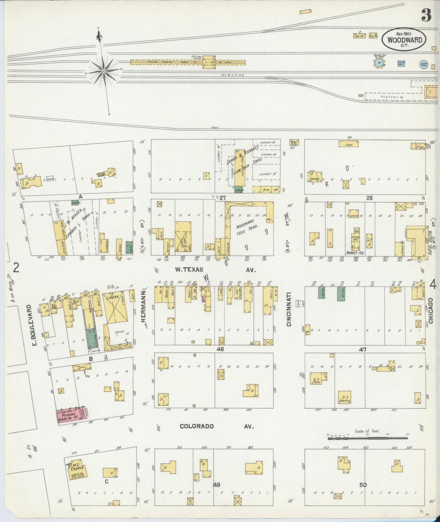 Sanborn Fire Insurance Map from Woodward, Woodward County, Oklahoma (1901), Sheet #0003 - Historic Sanborn Fire Insurance Map Print, vintage old map wall art, antique decor, genealogy gift, Oklahoma Oklahoma map