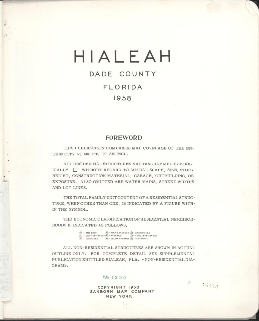 Sanborn Fire Insurance Map from Hialeah, Dade County, Florida (1958), Sheet #0001 - Historic Sanborn Fire Insurance Map Print, vintage old map wall art, antique decor, genealogy gift, Florida Florida map