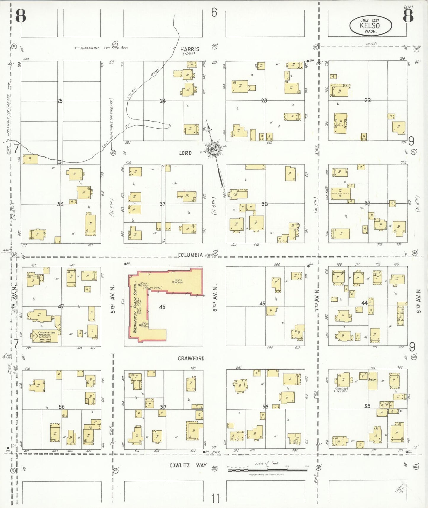 Sanborn Fire Insurance Map from Kelso, Cowlitz County, Washington (1927), Sheet #0008 - Historic Sanborn Fire Insurance Map Print, vintage old map wall art, antique decor, genealogy gift, Washington Washington map