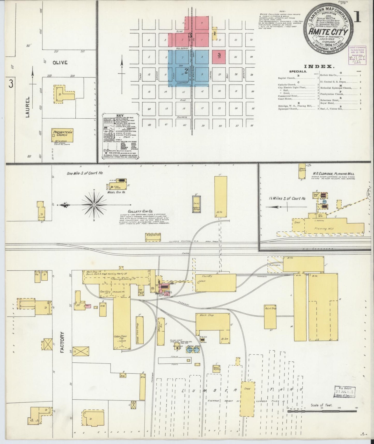 Sanborn Fire Insurance Map from Amite, Tangipahoa Parish, Louisiana (1904), Sheet #0001 - Historic Sanborn Fire Insurance Map Print, vintage old map wall art, antique decor, genealogy gift, Louisiana Louisiana map