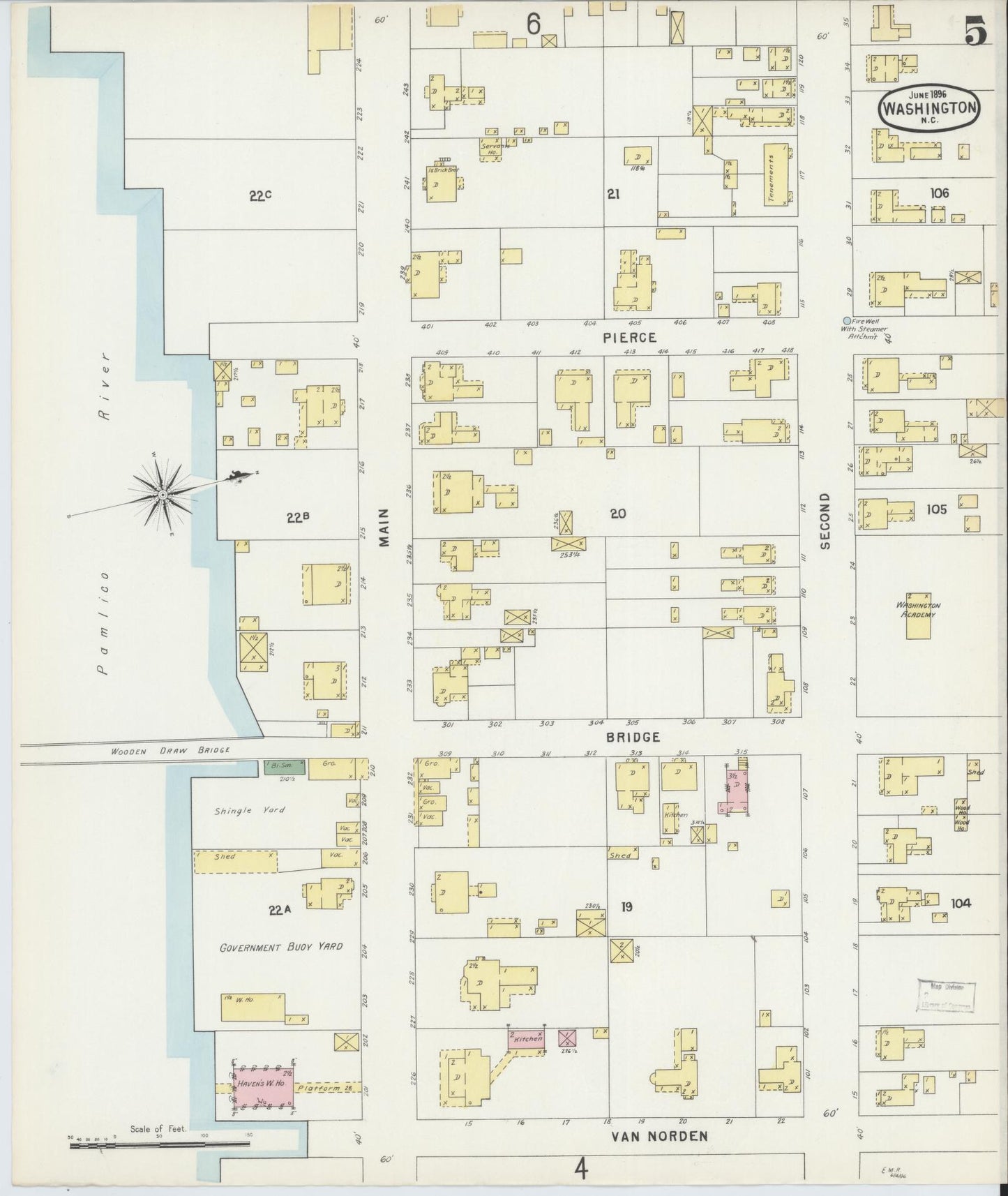 Sanborn Fire Insurance Map from Washington, Beaufort County, North Carolina (1896), Sheet #0005 - Historic Sanborn Fire Insurance Map Print, vintage old map wall art, antique decor, genealogy gift, Washington Washington map
