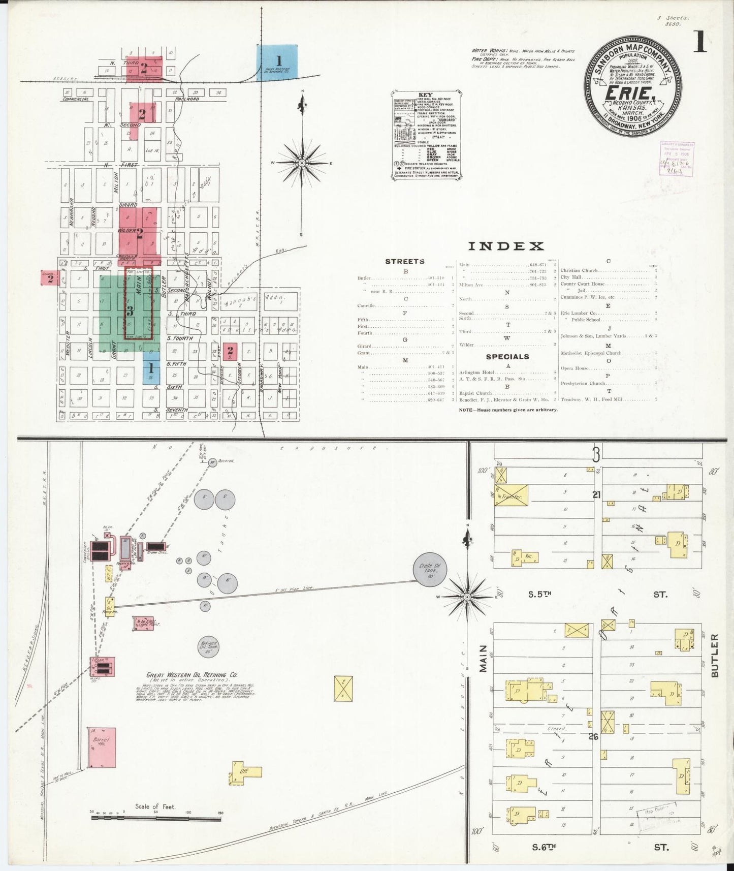 Sanborn Fire Insurance Map from Erie, Neosho County, Kansas (1906), Sheet #0001 - Historic Sanborn Fire Insurance Map Print, vintage old map wall art, antique decor, genealogy gift, Kansas Kansas map