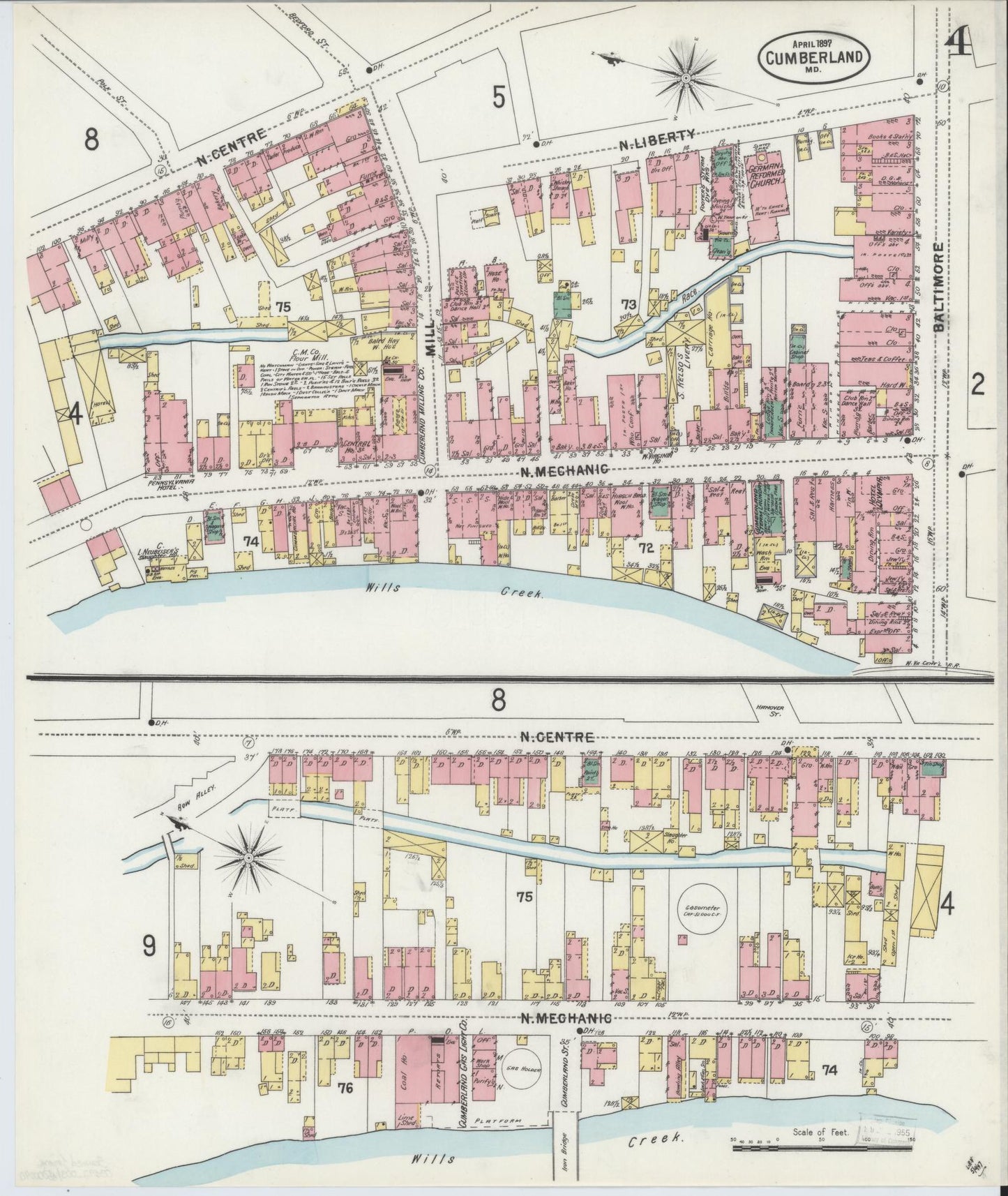 Sanborn Fire Insurance Map from Cumberland, Allegany County, Maryland (1897), Sheet #0004 - Historic Sanborn Fire Insurance Map Print, vintage old map wall art, antique decor, genealogy gift, Maryland Maryland map