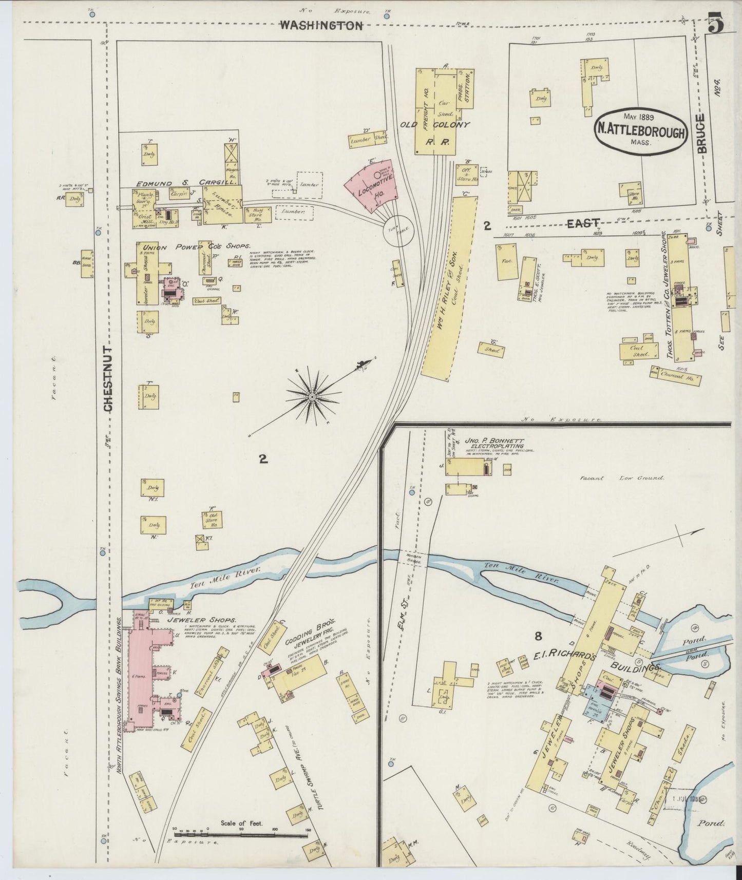 Sanborn Fire Insurance Map from North Attleborough, Bristol County, Massachusetts (1889), Sheet #0005 - Historic Sanborn Fire Insurance Map Print, vintage old map wall art, antique decor, genealogy gift, Massachusetts Massachusetts map