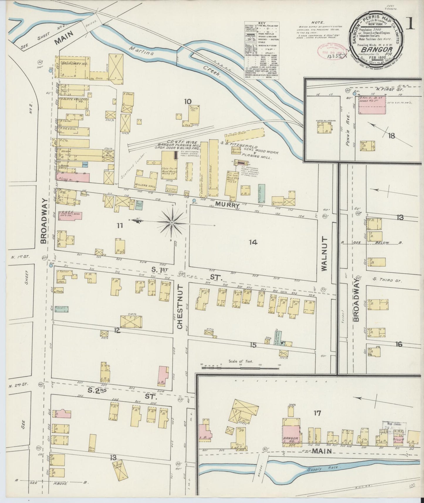 Sanborn Fire Insurance Map from Bangor, Northampton County, Pennsylvania (1892), Sheet #0001 - Historic Sanborn Fire Insurance Map Print, vintage old map wall art, antique decor, genealogy gift, Pennsylvania Pennsylvania map