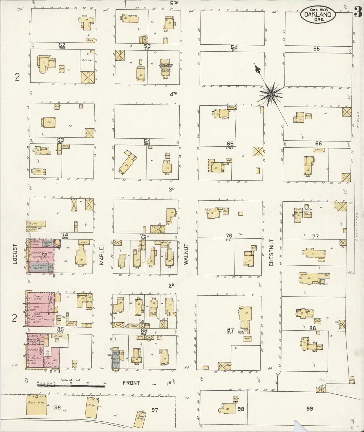 Sanborn Fire Insurance Map from Oakland, Douglas County, Oregon (1907), Sheet #0003 - Historic Sanborn Fire Insurance Map Print, vintage old map wall art, antique decor, genealogy gift, Oregon Oregon map