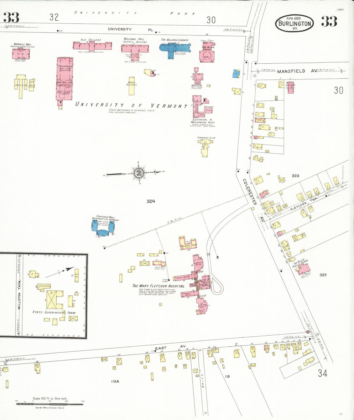 Sanborn Fire Insurance Map from Burlington, Chittenden County, Vermont (1926), Sheet #0033 - Historic Sanborn Fire Insurance Map Print, vintage old map wall art, antique decor, genealogy gift, Vermont Vermont map