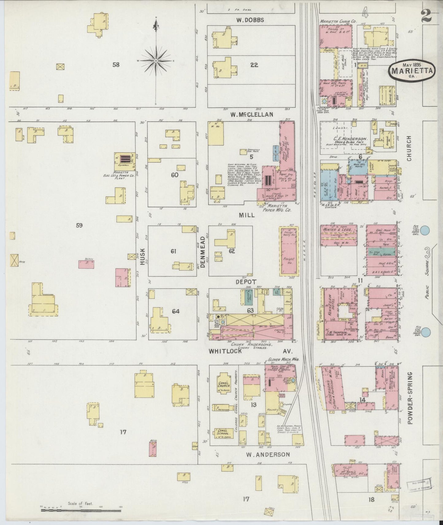 Sanborn Fire Insurance Map from Marietta, Cobb County, Georgia (1895), Sheet #0002 - Historic Sanborn Fire Insurance Map Print, vintage old map wall art, antique decor, genealogy gift, Georgia Georgia map