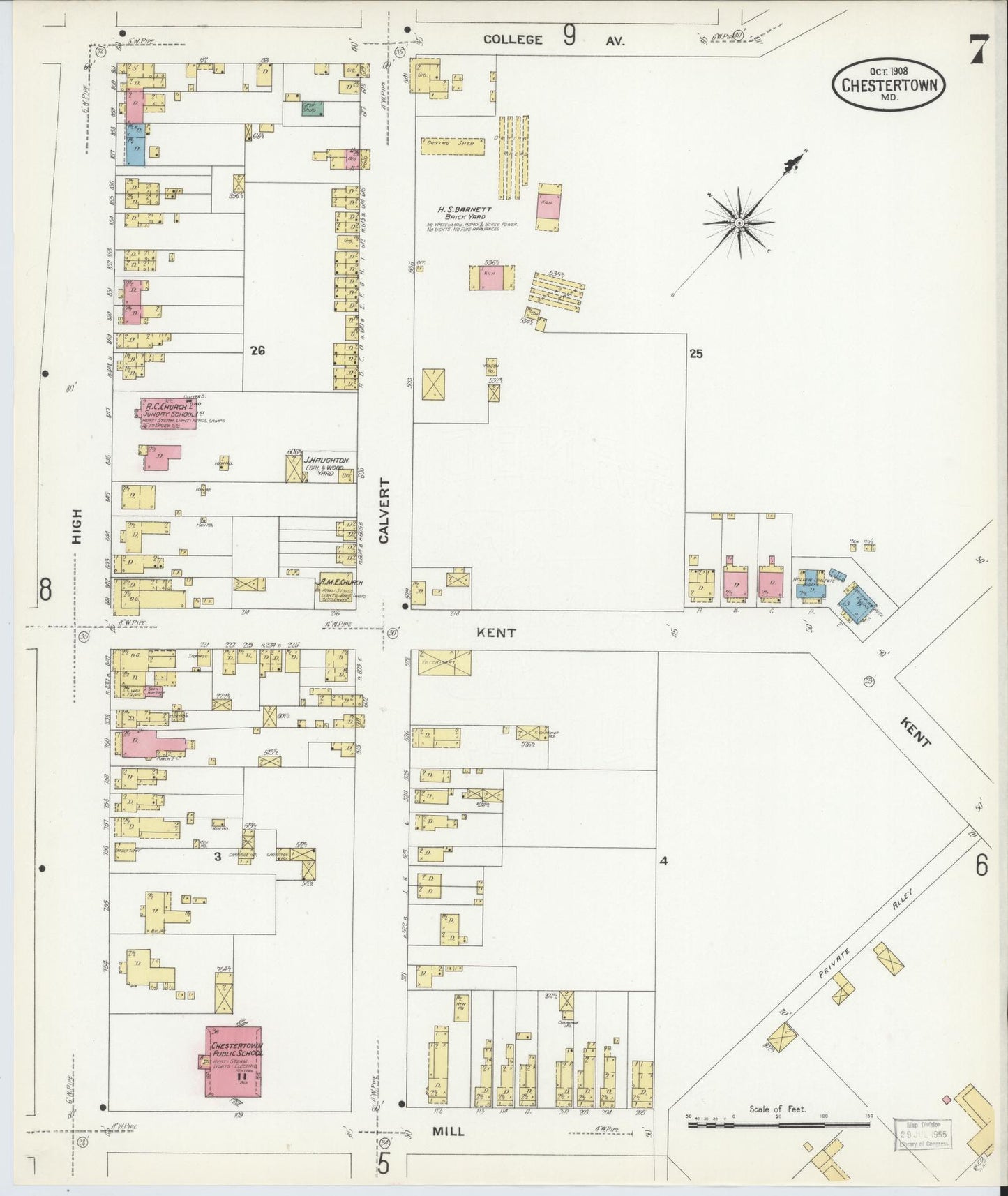Kent, Maryland - 1908 - Sanborn Fire Insurance Map, Sheet #0007 - Historic Sanborn Fire Insurance Map Print, Kent Maryland 1908 0007 vintage old map wall art