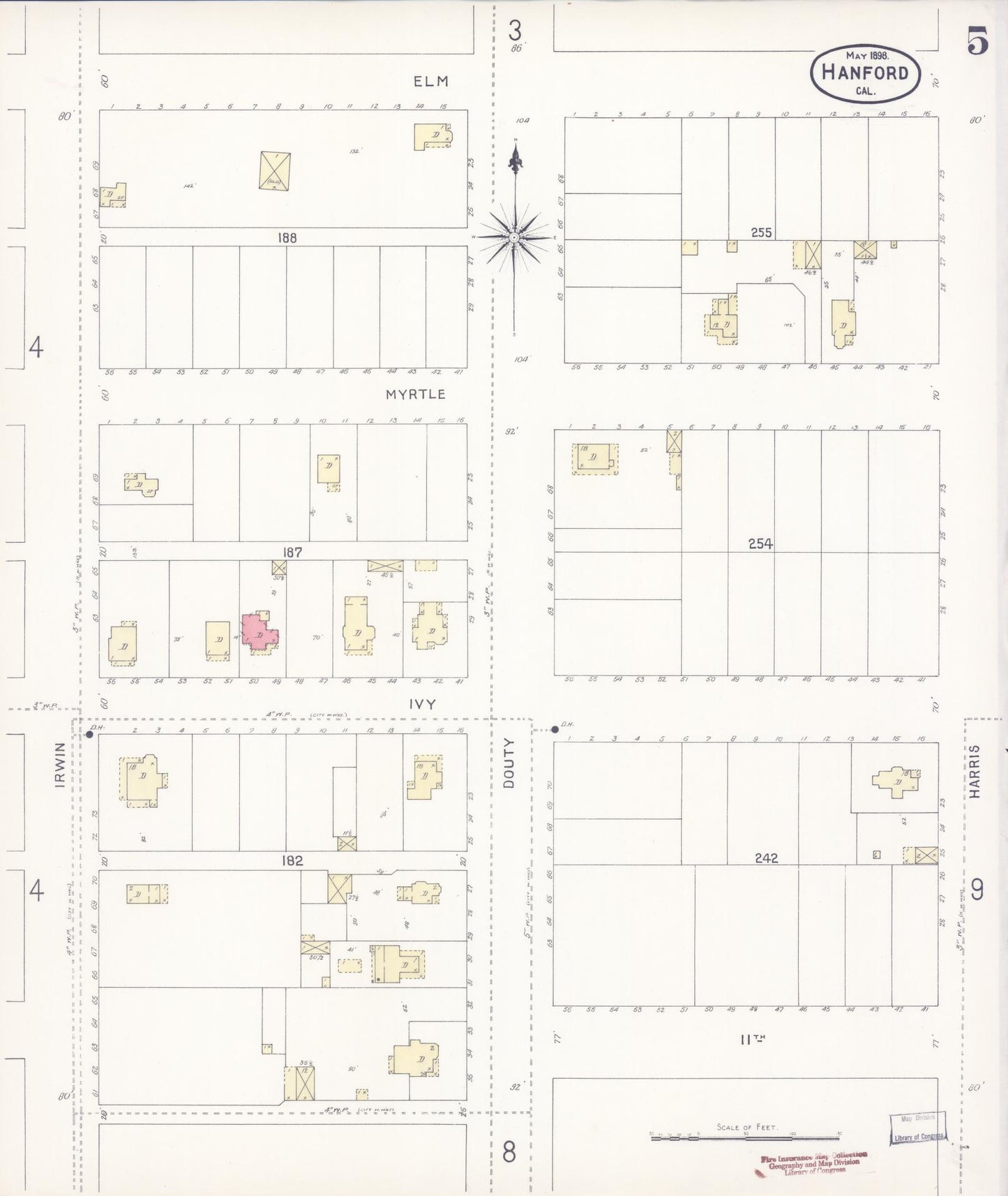 Sanborn Fire Insurance Map from Hanford, Kings County, California (1898), Sheet #0005 - Historic Sanborn Fire Insurance Map Print, vintage old map wall art, antique decor, genealogy gift, California California map
