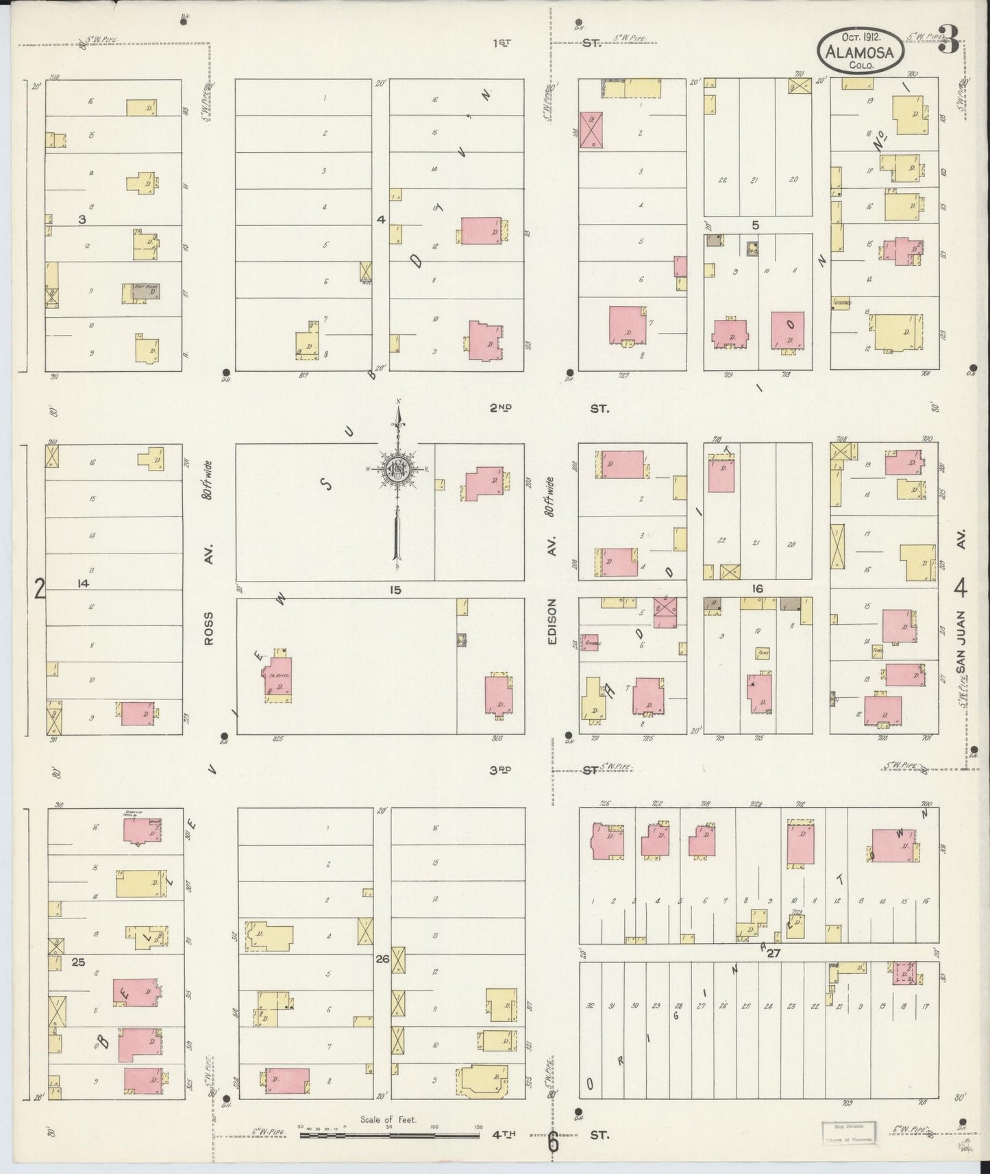 Sanborn Fire Insurance Map from Alamosa, Alamosa County, Colorado (1912), Sheet #0003 - Historic Sanborn Fire Insurance Map Print, vintage old map wall art, antique decor, genealogy gift, Colorado Colorado map