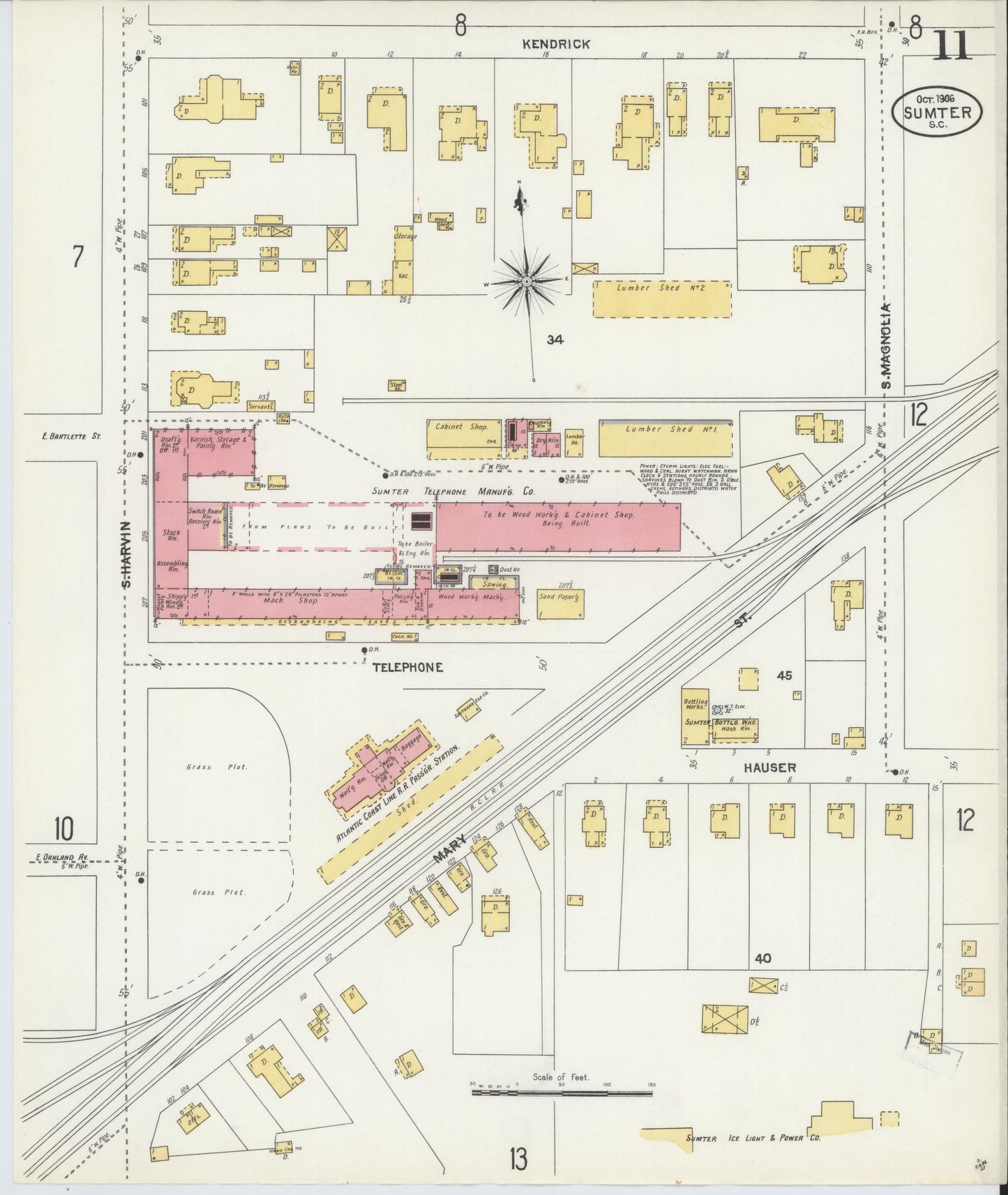 Sanborn Fire Insurance Map from Sumter, Sumter County, South Carolina (1906), Sheet #0011 - Historic Sanborn Fire Insurance Map Print, vintage old map wall art, antique decor, genealogy gift, South Carolina South Carolina map