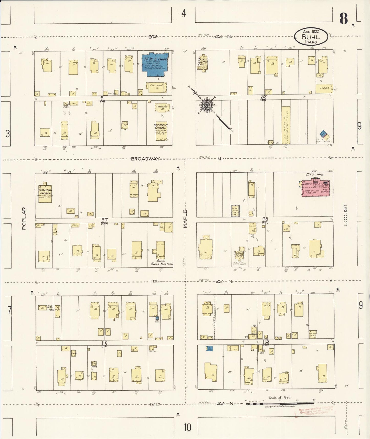Sanborn Fire Insurance Map from Buhl, Twin Falls County, Idaho (1922), Sheet #0008 - Historic Sanborn Fire Insurance Map Print, vintage old map wall art, antique decor, genealogy gift, Falls Idaho map