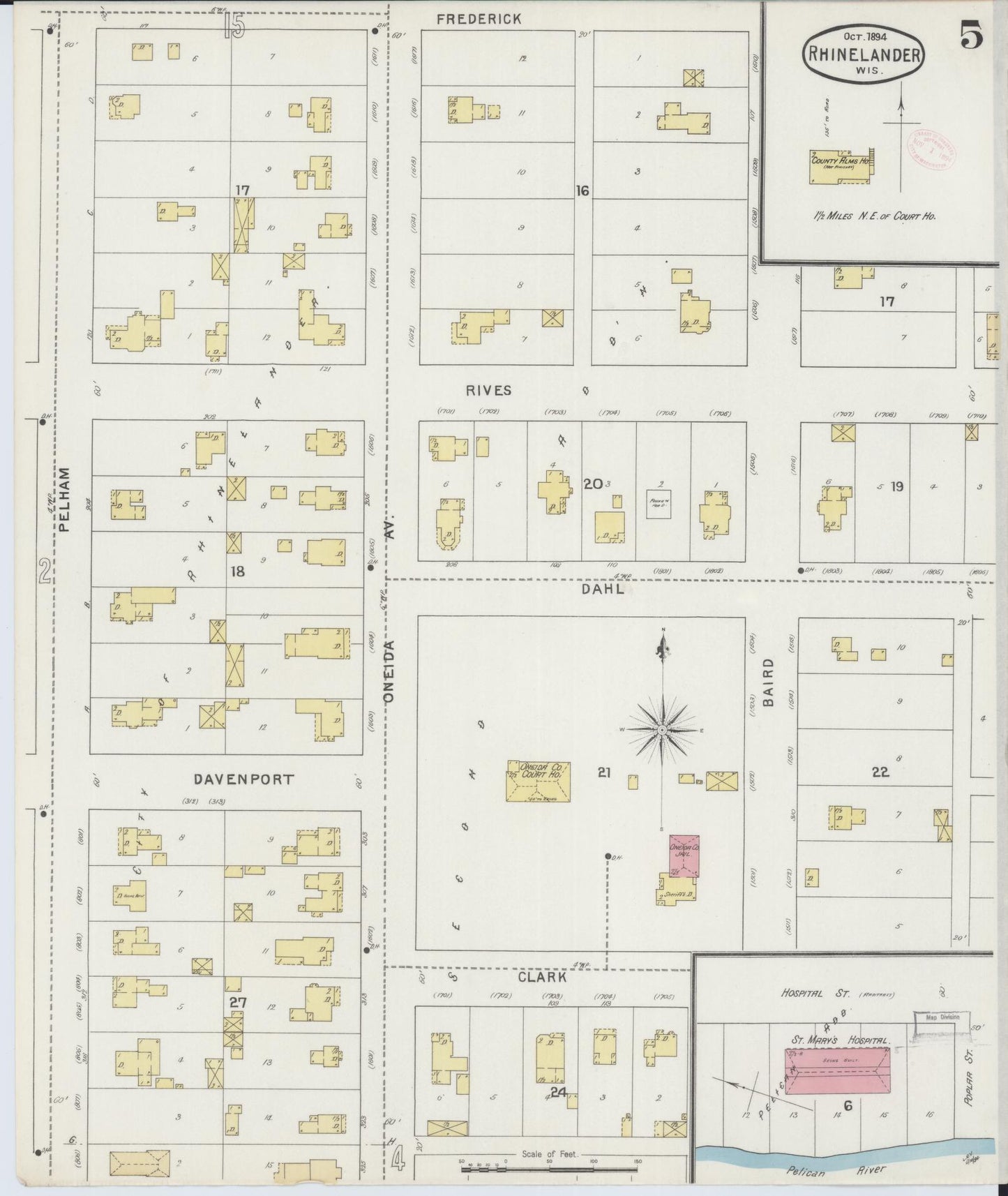 Sanborn Fire Insurance Map from Rhinelander, Oneida County, Wisconsin (1894), Sheet #0005 - Historic Sanborn Fire Insurance Map Print, vintage old map wall art, antique decor, genealogy gift, Wisconsin Wisconsin map