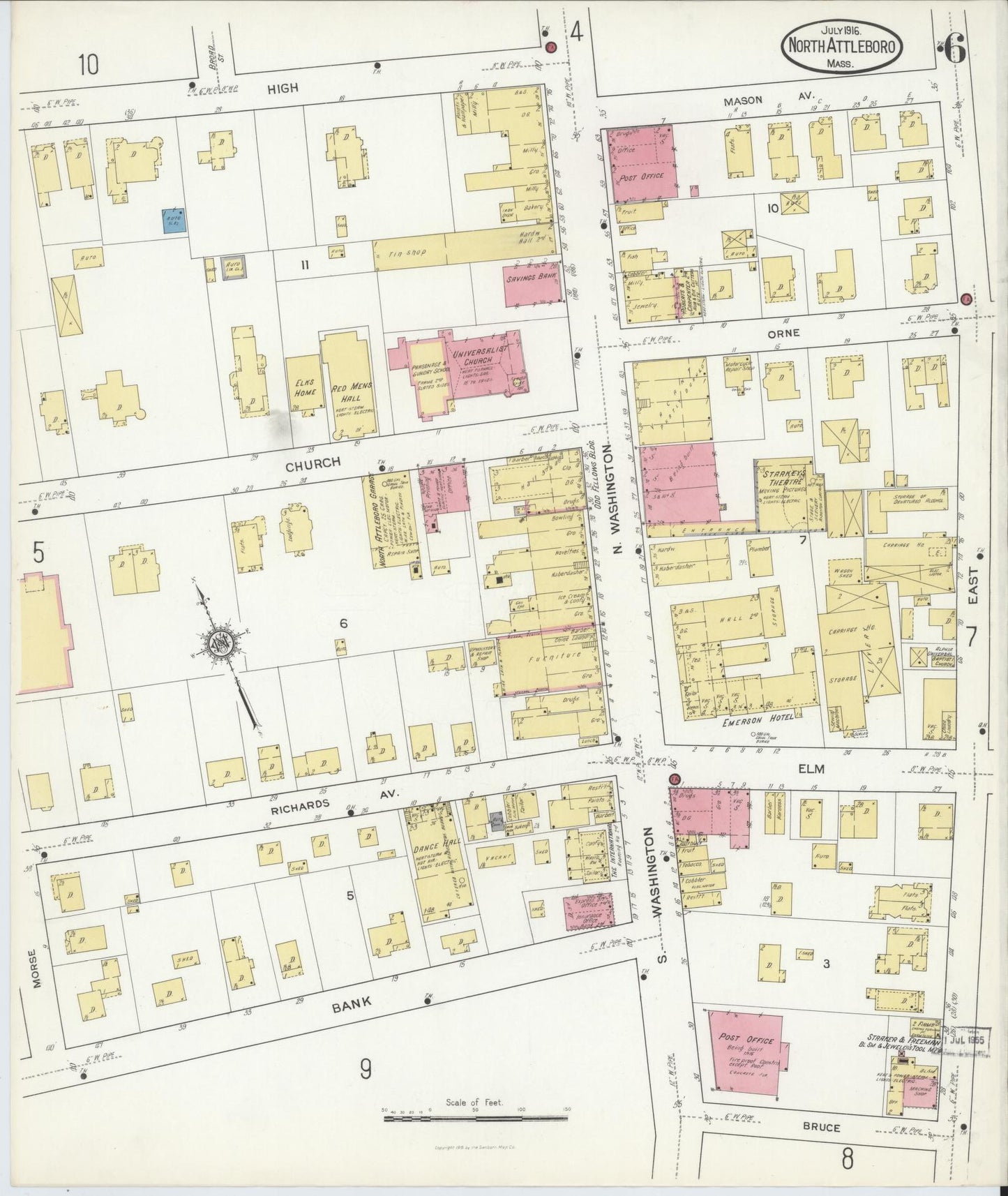 Sanborn Fire Insurance Map from North Attleborough, Bristol County, Massachusetts (1916), Sheet #0006 - Historic Sanborn Fire Insurance Map Print, vintage old map wall art, antique decor, genealogy gift, Massachusetts Massachusetts map