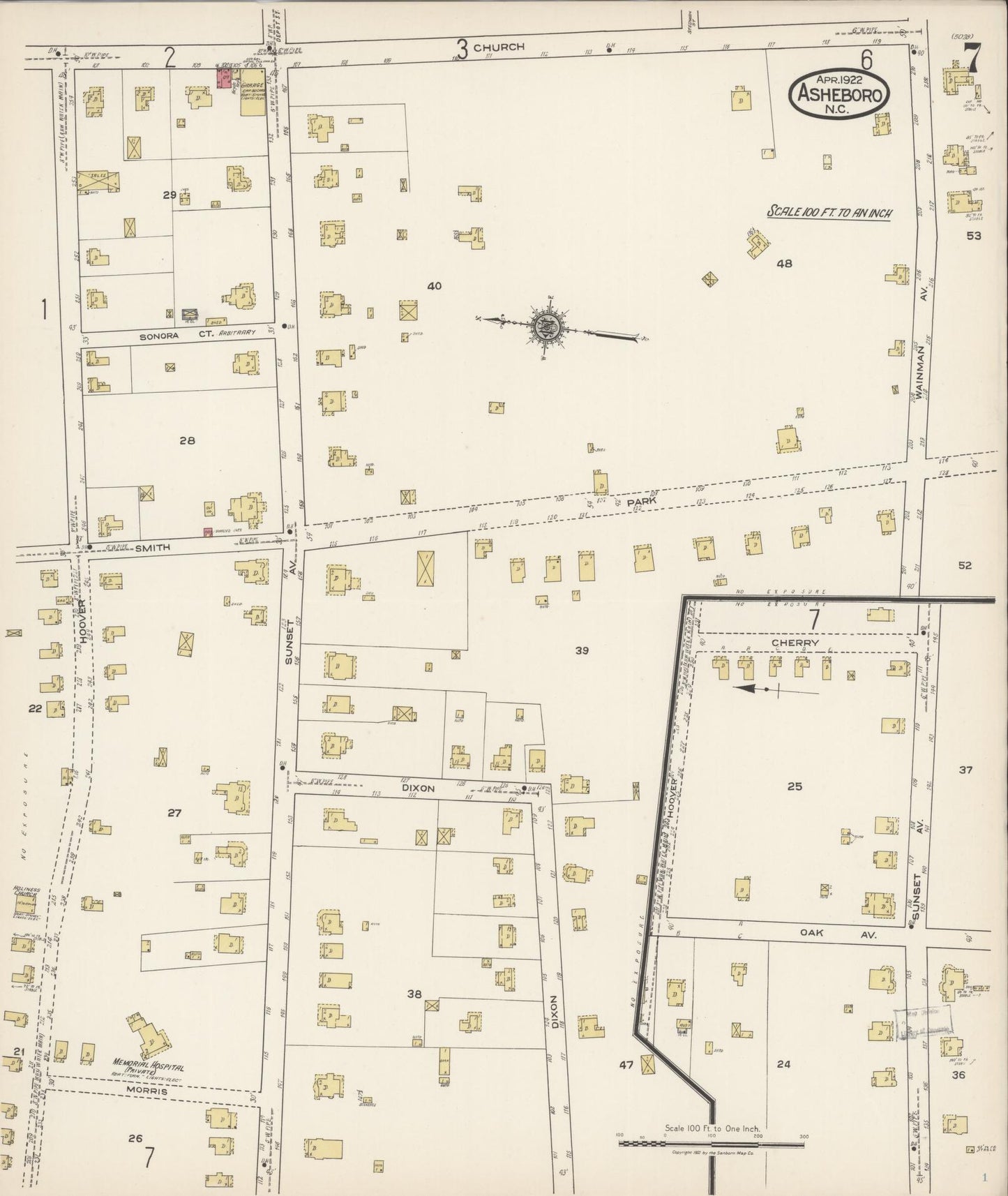 Sanborn Fire Insurance Map from Asheboro, Randolph County, North Carolina (1922), Sheet #0007 - Complete Map Set gallery image, historic Sanborn map, vintage wall art, North Carolina North Carolina