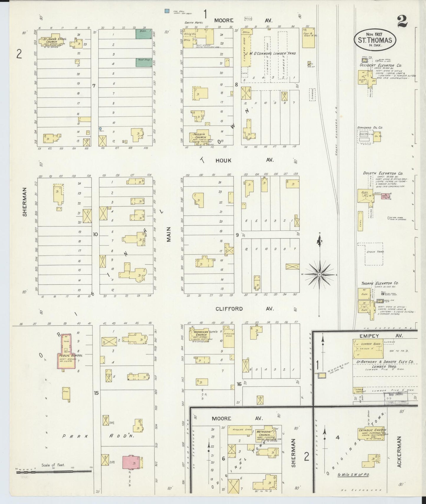 Sanborn Fire Insurance Map from Saint Thomas, Pembina County, North Dakota (1907), Sheet #0002 - Complete Map Set gallery image, historic Sanborn map, vintage wall art, North Dakota North Dakota