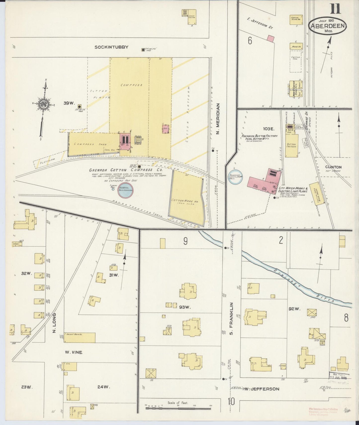 Sanborn Fire Insurance Map from Aberdeen, Monroe County, Mississippi (1910), Sheet #0011 - Historic Sanborn Fire Insurance Map Print, vintage old map wall art, antique decor, genealogy gift, Mississippi Mississippi map