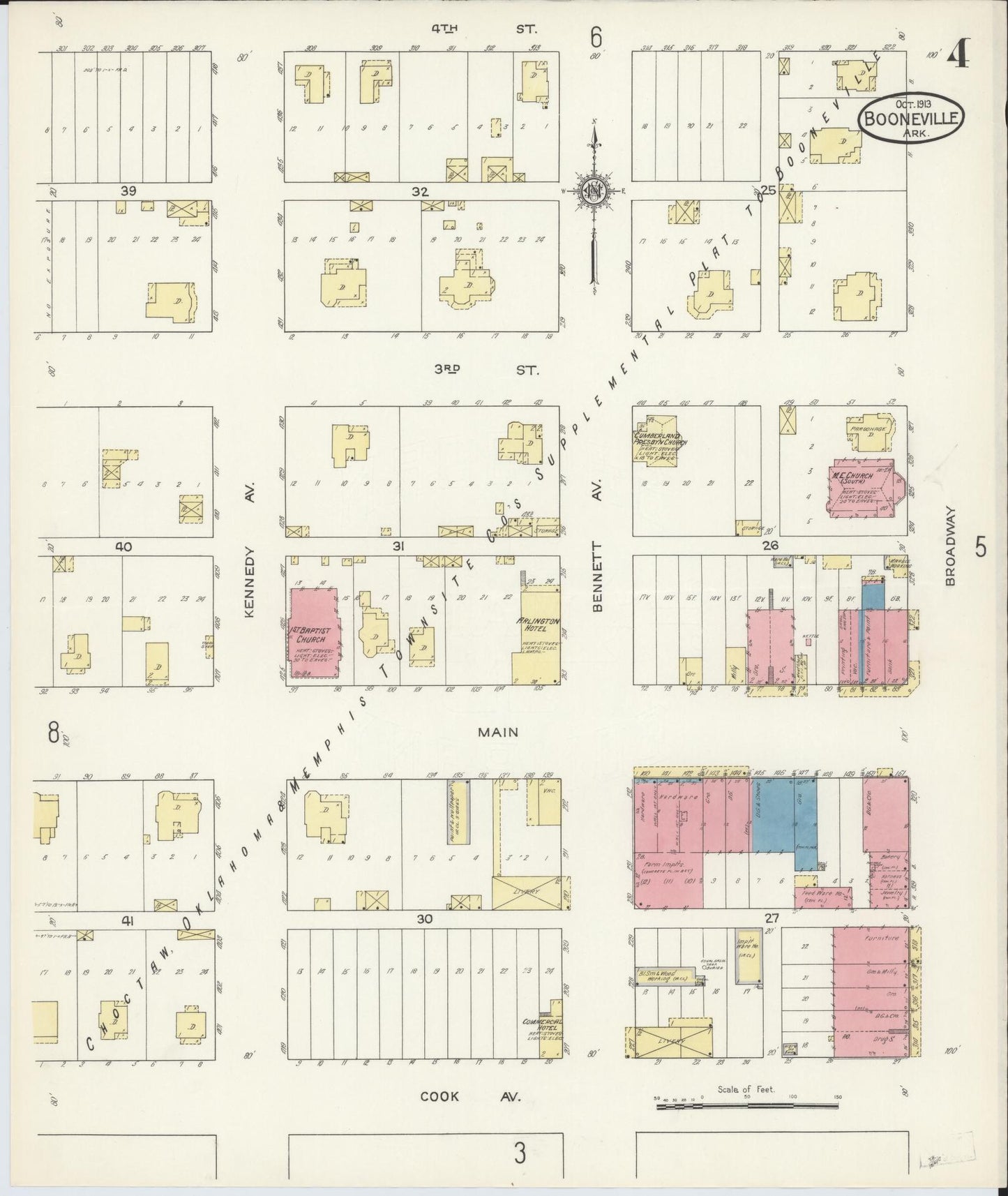 Sanborn Fire Insurance Map from Booneville, Logan County, Arkansas (1913), Sheet #0004 - Historic Sanborn Fire Insurance Map Print, vintage old map wall art, antique decor, genealogy gift, Arkansas Arkansas map