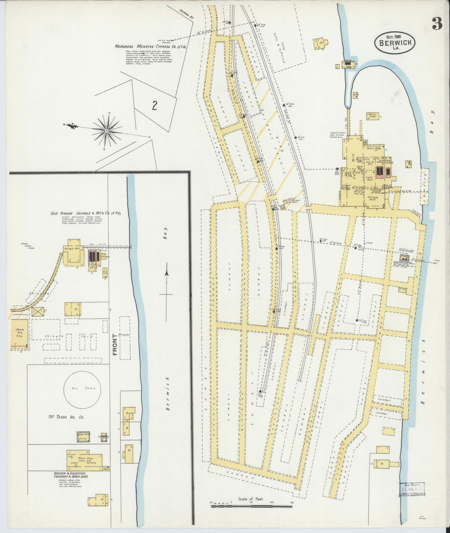 Sanborn Fire Insurance Map from Berwick, Saint Mary Parish, Louisiana (1906), Sheet #0003 - Complete Map Set gallery image, historic Sanborn map, vintage wall art, Louisiana Louisiana