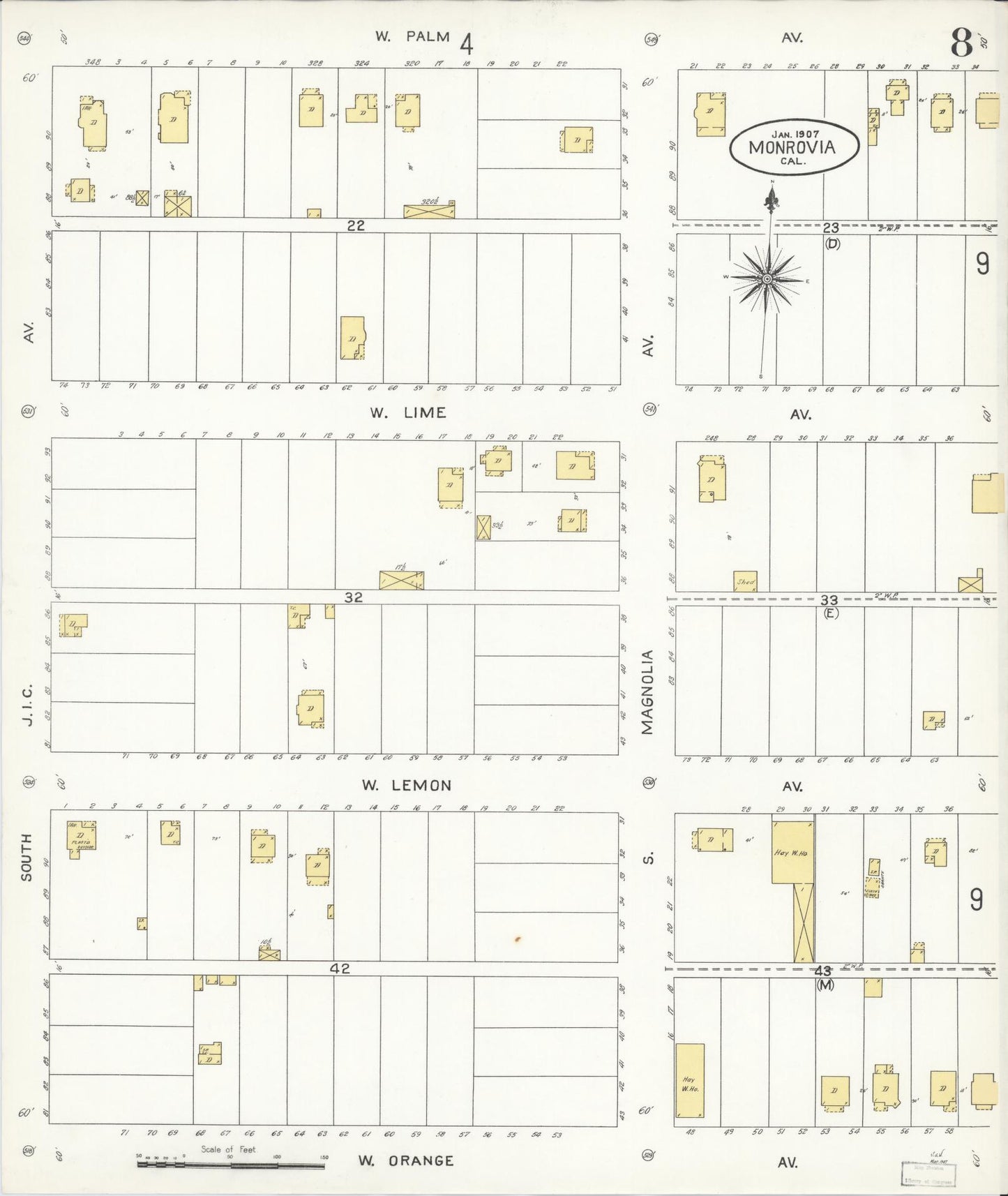 Sanborn Fire Insurance Map from Monrovia, Los Angeles County, California (1907), Sheet #0008 - Historic Sanborn Fire Insurance Map Print, vintage old map wall art, antique decor, genealogy gift, California California map