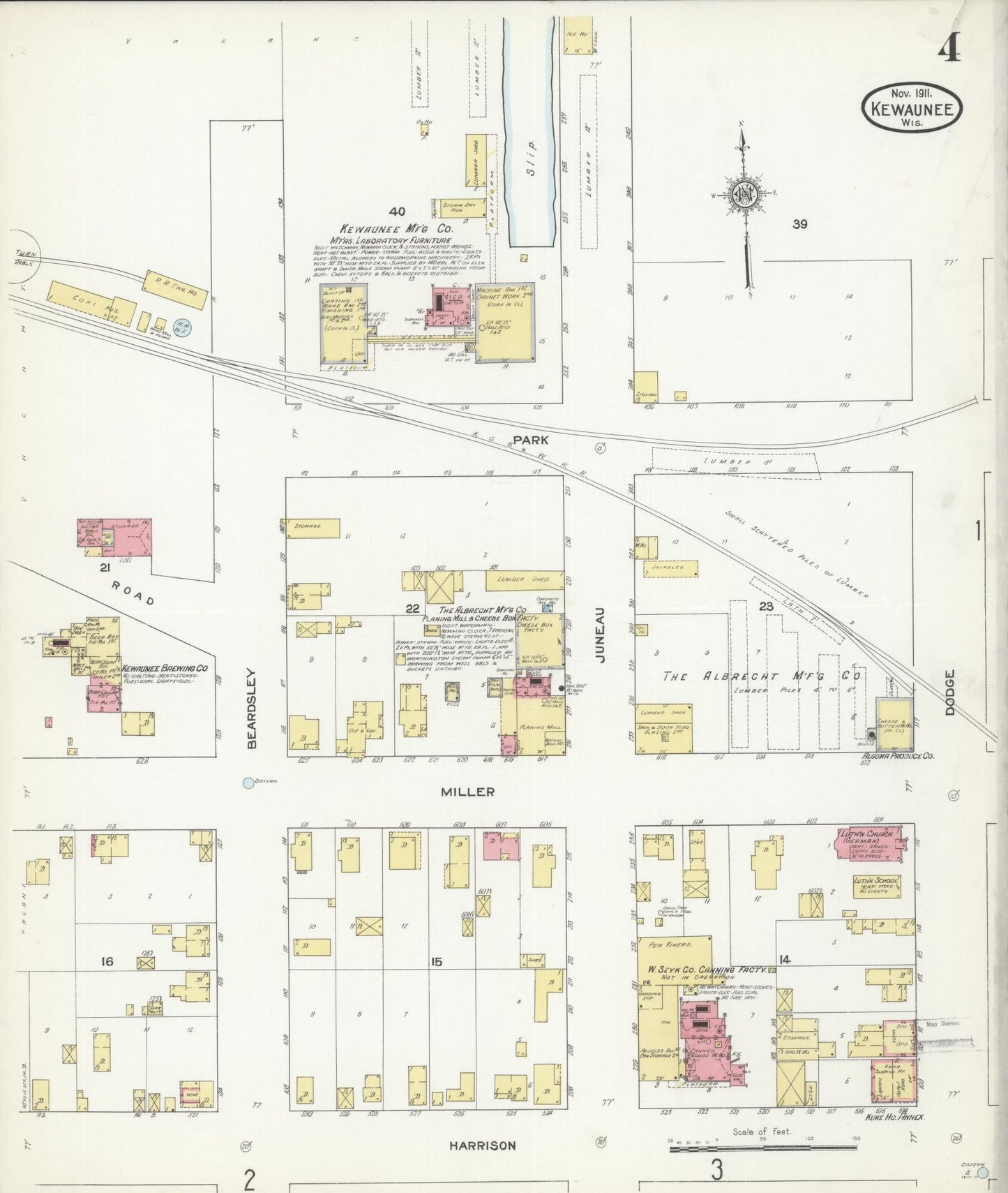 Sanborn Fire Insurance Map from Kewaunee, Kewaunee County, Wisconsin (1911), Sheet #0004 - Historic Sanborn Fire Insurance Map Print, vintage old map wall art, antique decor, genealogy gift, Wisconsin Wisconsin map