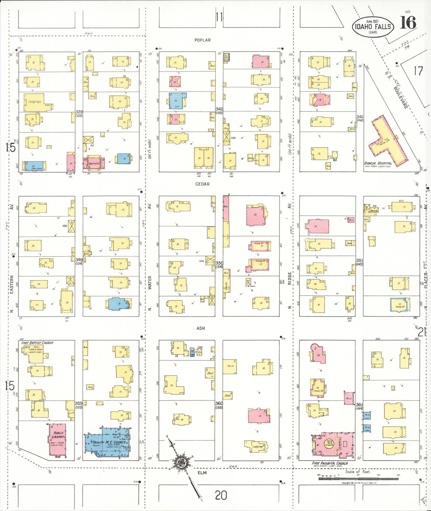 Sanborn Fire Insurance Map from Idaho Falls, Bonneville County, Idaho (1921), Sheet #0016 - Historic Sanborn Fire Insurance Map Print, vintage old map wall art, antique decor, genealogy gift, Idaho Idaho map