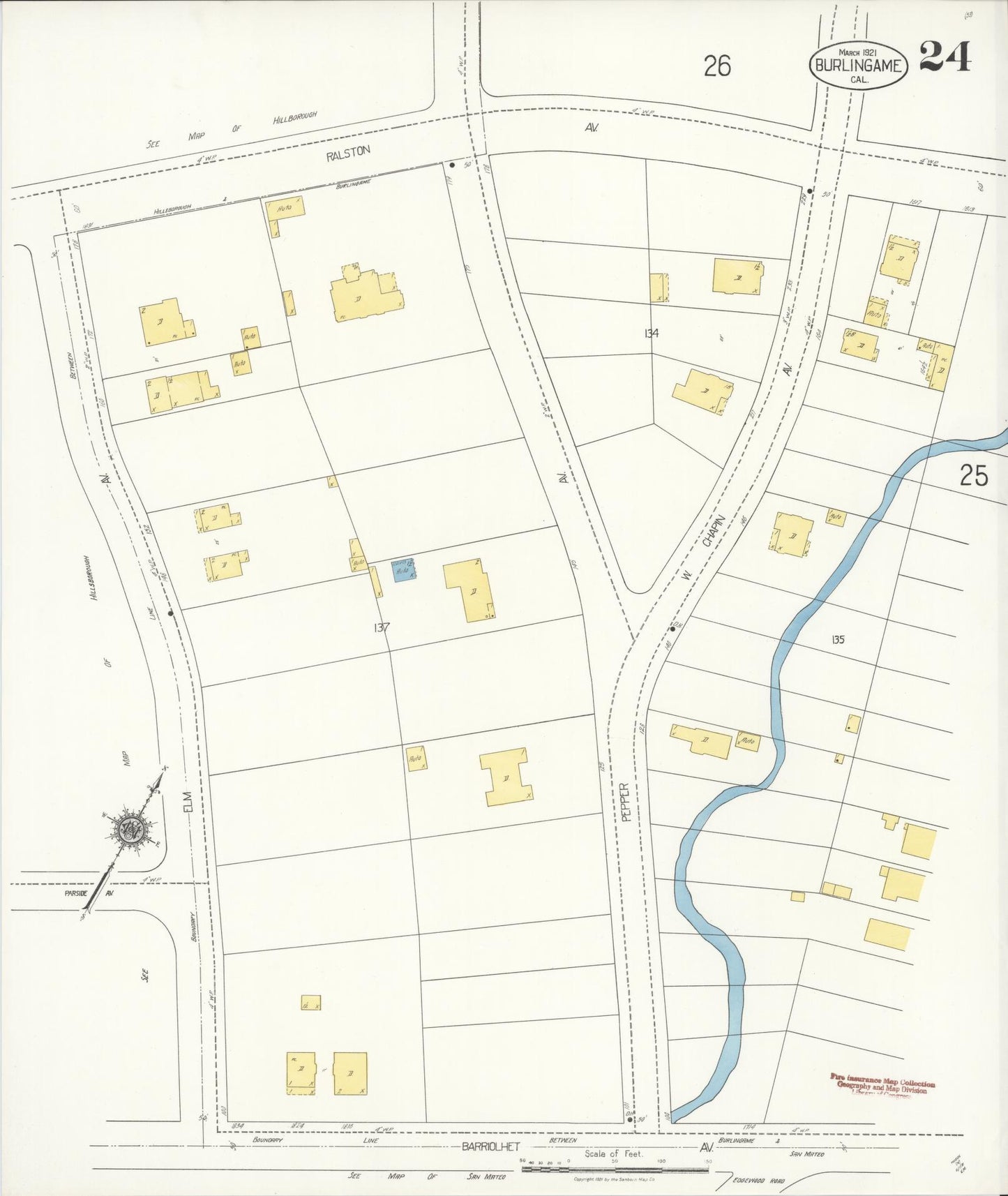 Sanborn Fire Insurance Map from Burlingame, San Mateo County, California (1921), Sheet #0024 - Historic Sanborn Fire Insurance Map Print, vintage old map wall art, antique decor, genealogy gift, California California map