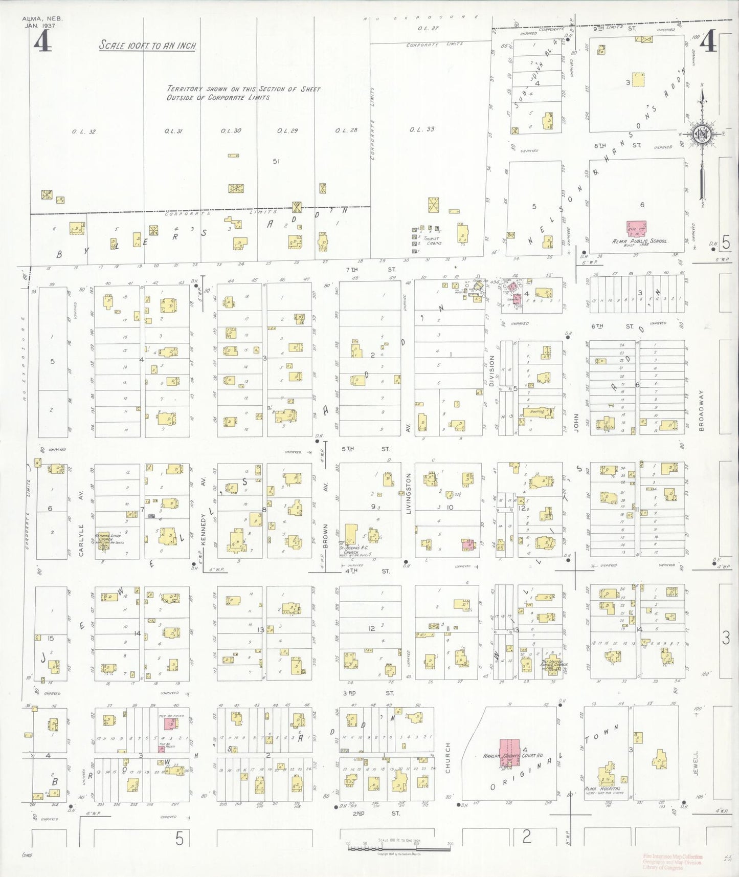 Sanborn Fire Insurance Map from Alma, Harlan County, Nebraska (1937), Sheet #0004 - Historic Sanborn Fire Insurance Map Print, vintage old map wall art, antique decor, genealogy gift, Nebraska Nebraska map
