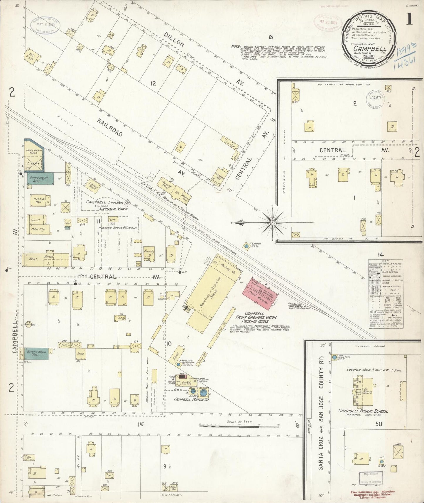 Sanborn Fire Insurance Map from Campbell, Santa Clara County, California (1899), Sheet #0001 - Historic Sanborn Fire Insurance Map Print, vintage old map wall art, antique decor, genealogy gift, California California map