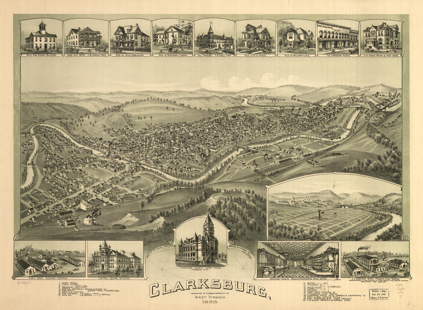 Clarksburg, West Virginia 1898. (1898) – Historic Bird’s-Eye View Panorama Print
