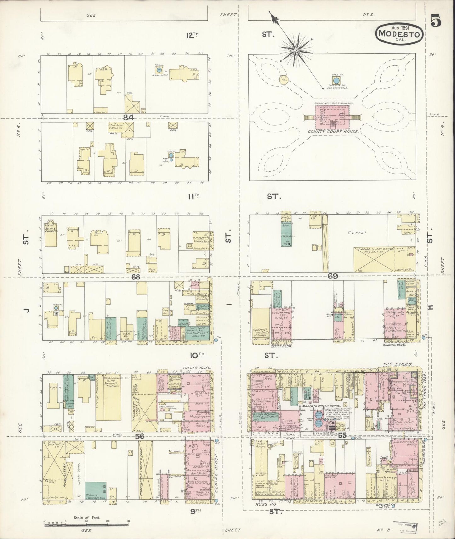 Sanborn Fire Insurance Map from Modesto, Stanislaus County, California (1891), Sheet #0005 - Historic Sanborn Fire Insurance Map Print, vintage old map wall art, antique decor, genealogy gift, California California map