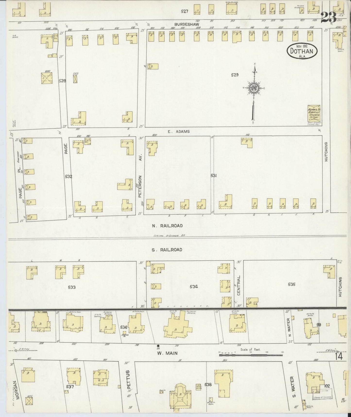 Sanborn Fire Insurance Map from Dothan, Houston County, Alabama (1912), Sheet #0023 - Historic Sanborn Fire Insurance Map Print, vintage old map wall art, antique decor, genealogy gift, Alabama Alabama map