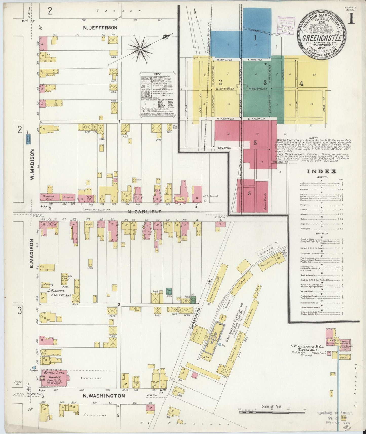 Sanborn Fire Insurance Map from Greencastle, Franklin County, Pennsylvania (1907), Sheet #0001 - Historic Sanborn Fire Insurance Map Print, vintage old map wall art, antique decor, genealogy gift, Pennsylvania Pennsylvania map