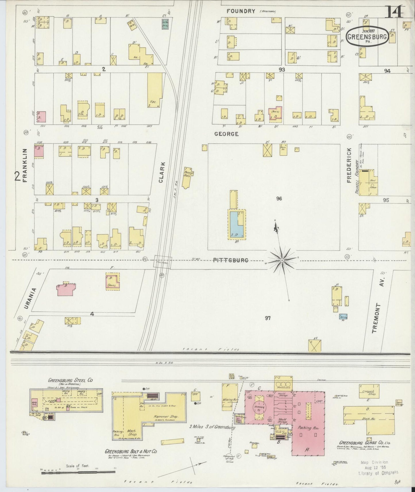Sanborn Fire Insurance Map from Greensburg, Westmoreland County, Pennsylvania (1897), Sheet #0014 - Historic Sanborn Fire Insurance Map Print, vintage old map wall art, antique decor, genealogy gift, Pennsylvania Pennsylvania map
