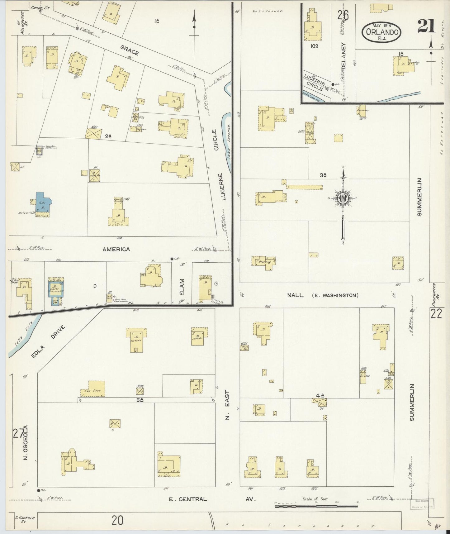 Sanborn Fire Insurance Map from Orlando, Orange County, Florida (1913), Sheet #0021 - Historic Sanborn Fire Insurance Map Print, vintage old map wall art, antique decor, genealogy gift, Florida Florida map