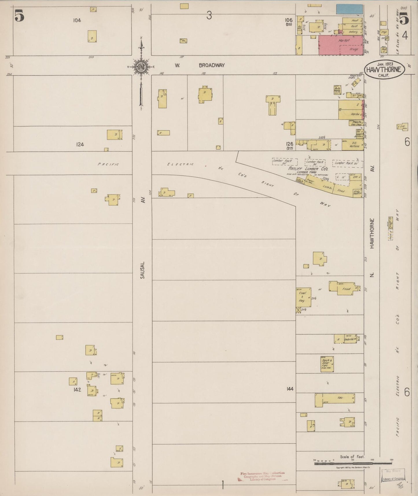 Sanborn Fire Insurance Map from Hawthorne, Los Angeles County, California (1923), Sheet #0005 - Historic Sanborn Fire Insurance Map Print, vintage old map wall art, antique decor, genealogy gift, California California map