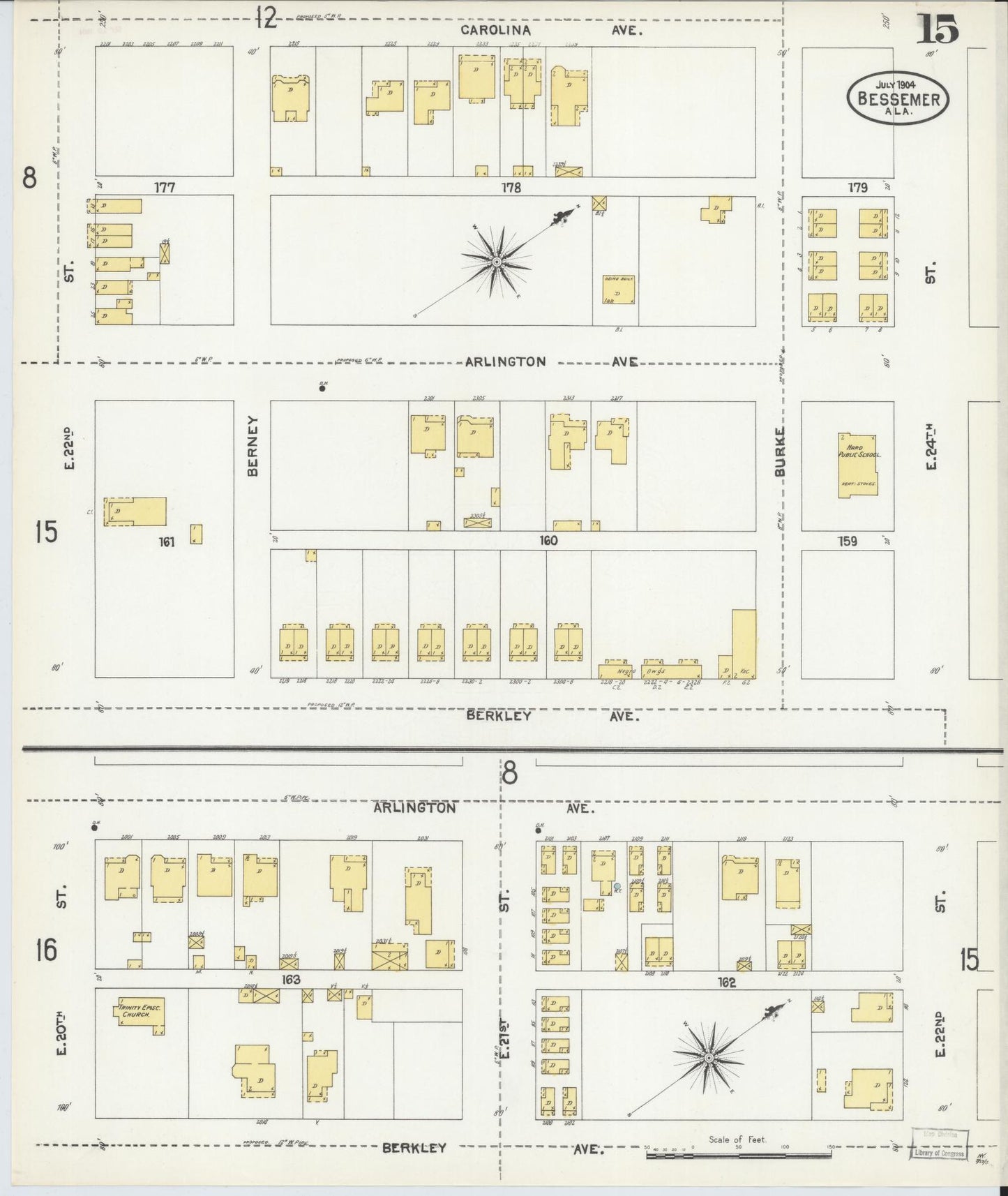 Sanborn Fire Insurance Map from Bessemer, Jefferson County, Alabama (1904), Sheet #0015 - Historic Sanborn Fire Insurance Map Print, vintage old map wall art, antique decor, genealogy gift, Alabama Alabama map